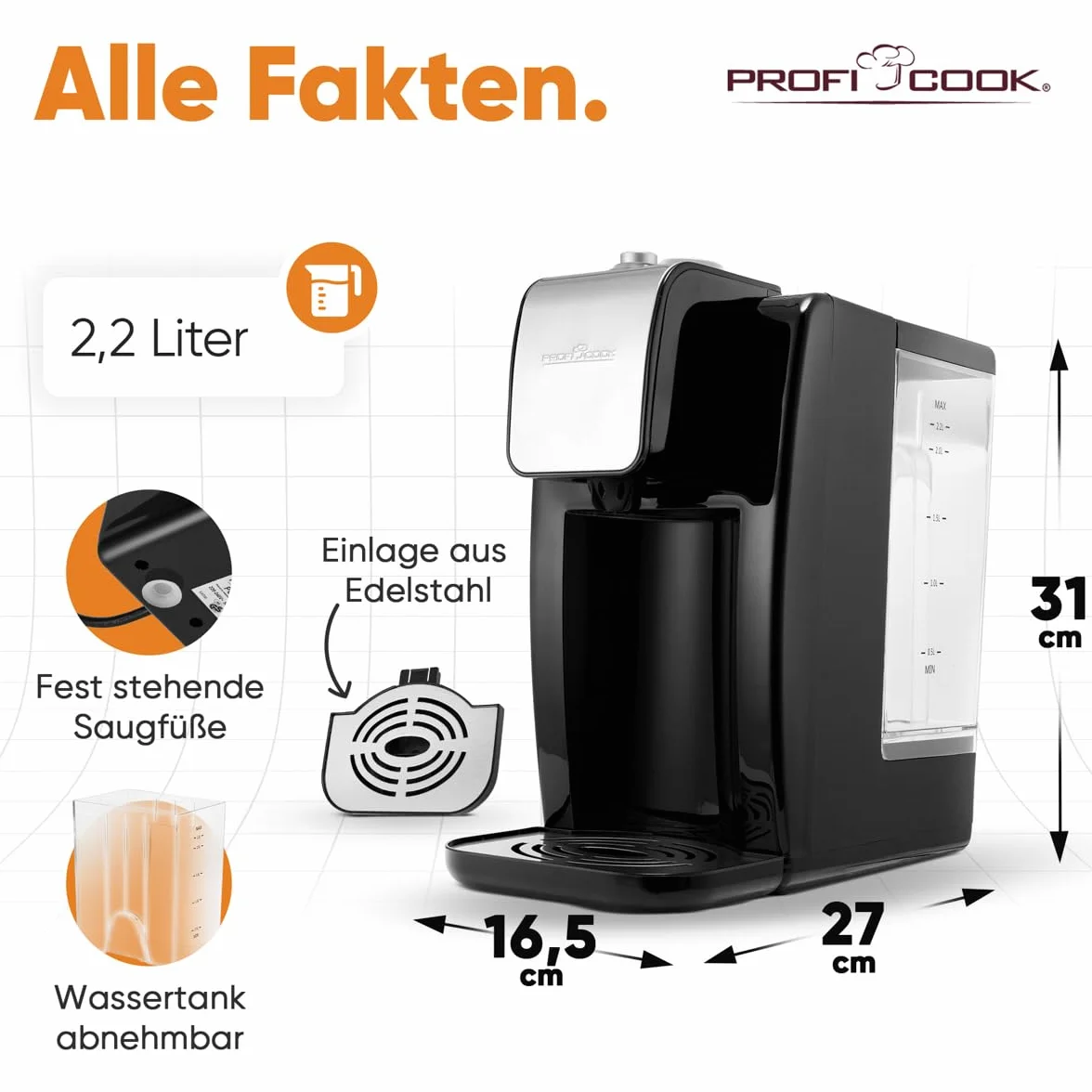 Profi Cook PC-HWS1168 - Dozownik/fontanna gorącej wody - Pojemność: do 2,2 litra - 2600 W - Kolor srebrny i czarny