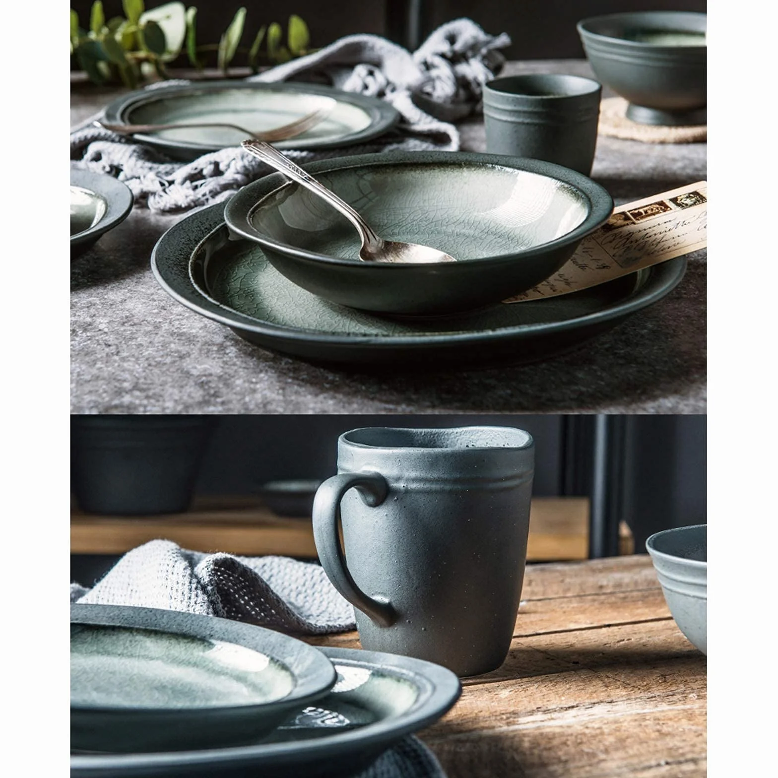 Stylowe talerze obiadowe, zestawy porcelanowej zastawy stołowej, 32-elementowy zestaw obiadowy z ceramiki w stylu retro z glazurą lodową | Zestawy misek do płatków śniada