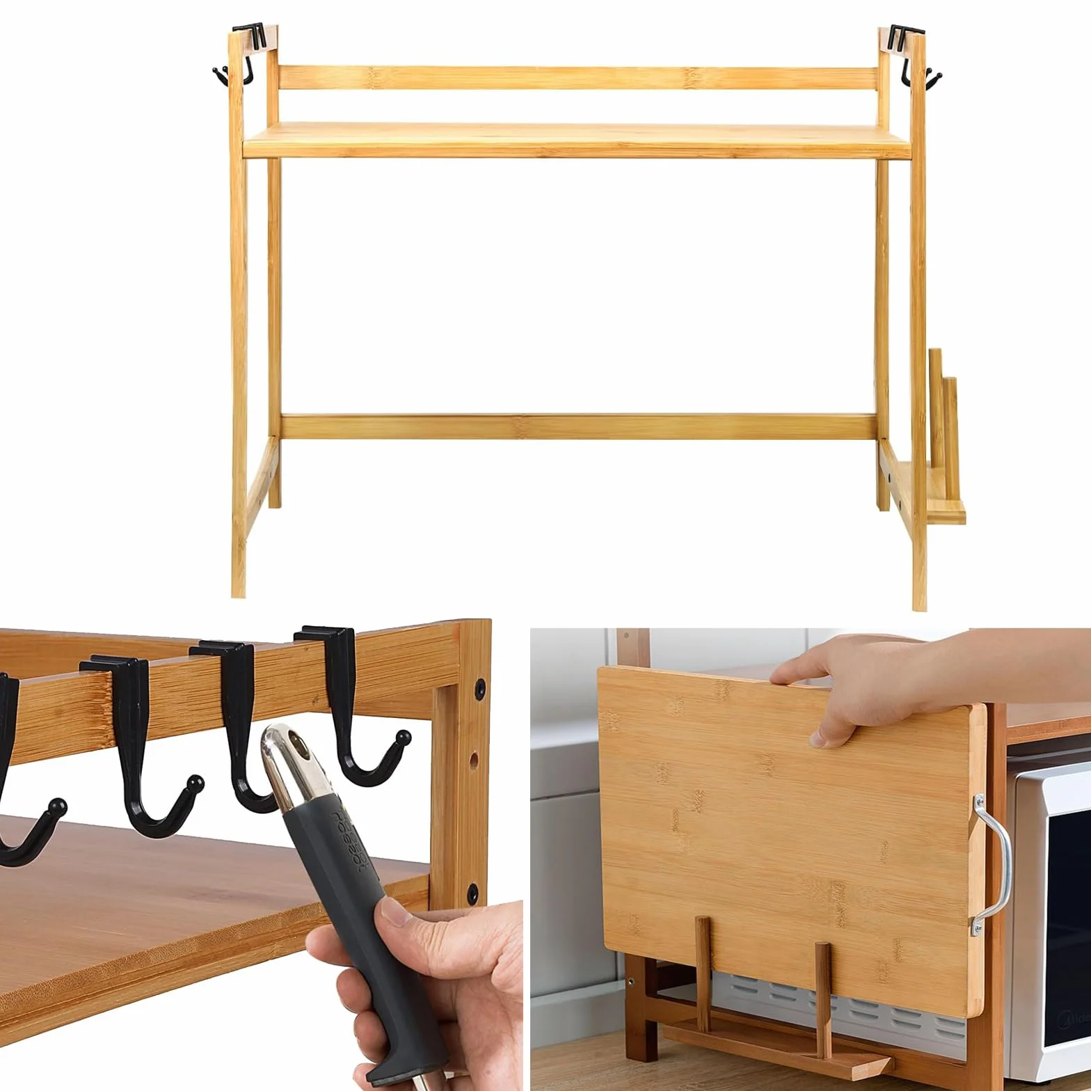 2-poziomowy bambusowy stojak na kuchenkę mikrofalową z haczykami i stojakiem na deskę do krojenia, regulowany, wolnostojący, do kuchni, rustykalny minimalistyczny design, oszczędność miejsca