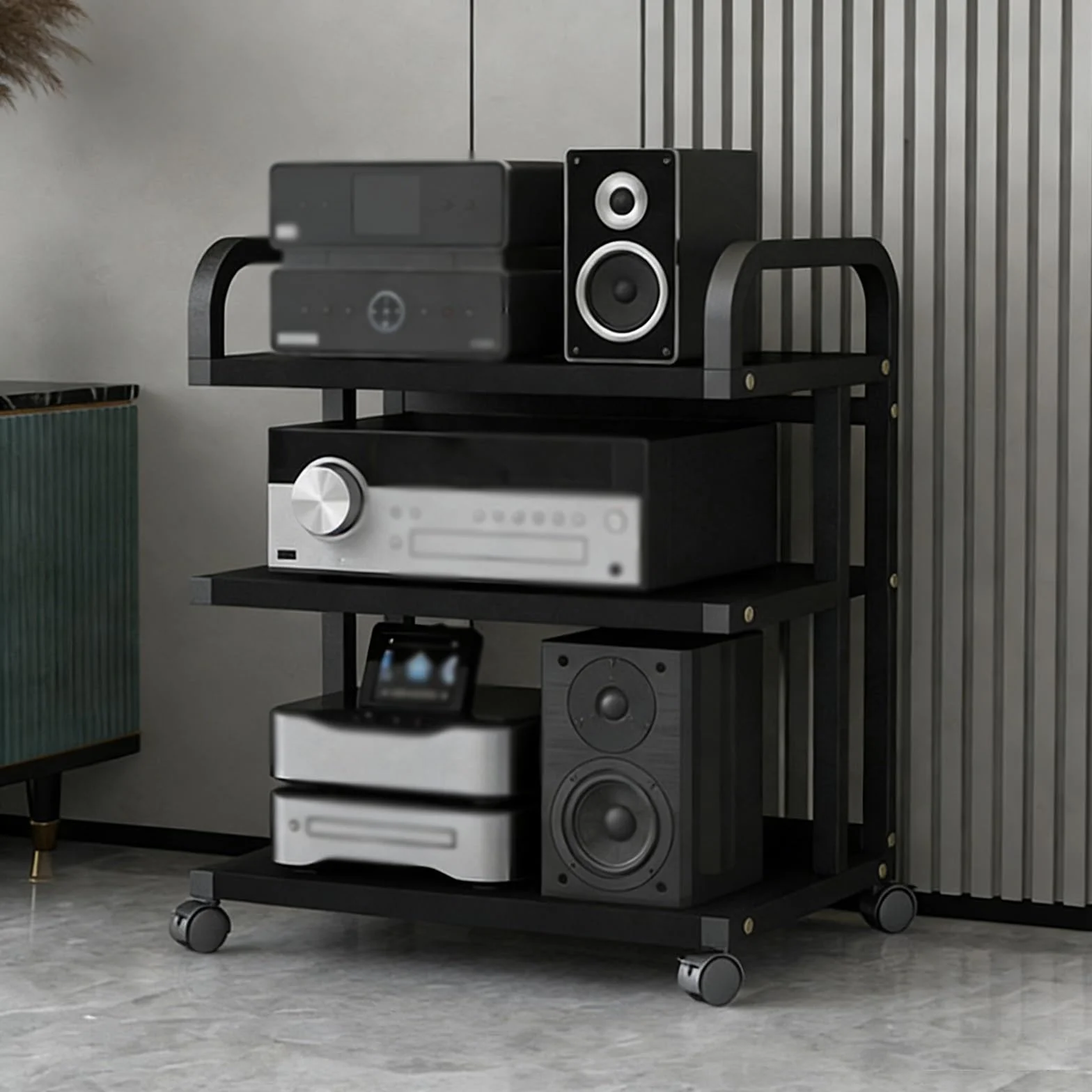 3-poziomowa wieża stojakowa na komponenty audio z kółkami do sprzętu stereo i przechowywania w pokoju gier