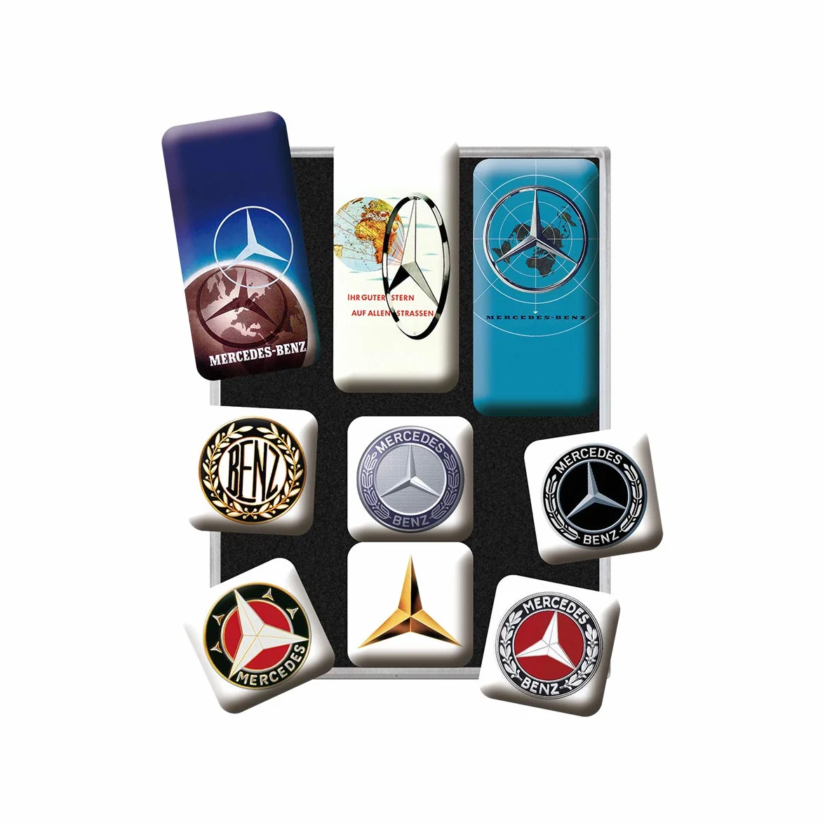 Nostalgic-Art Retro magnesy na lodówkę, 9 sztuk, Mercedes-Benz – Logo Evolution – Pomysł na prezent dla miłośników Mercedesa, Official License Product (OLP), zestaw magnesów, Styl vintage