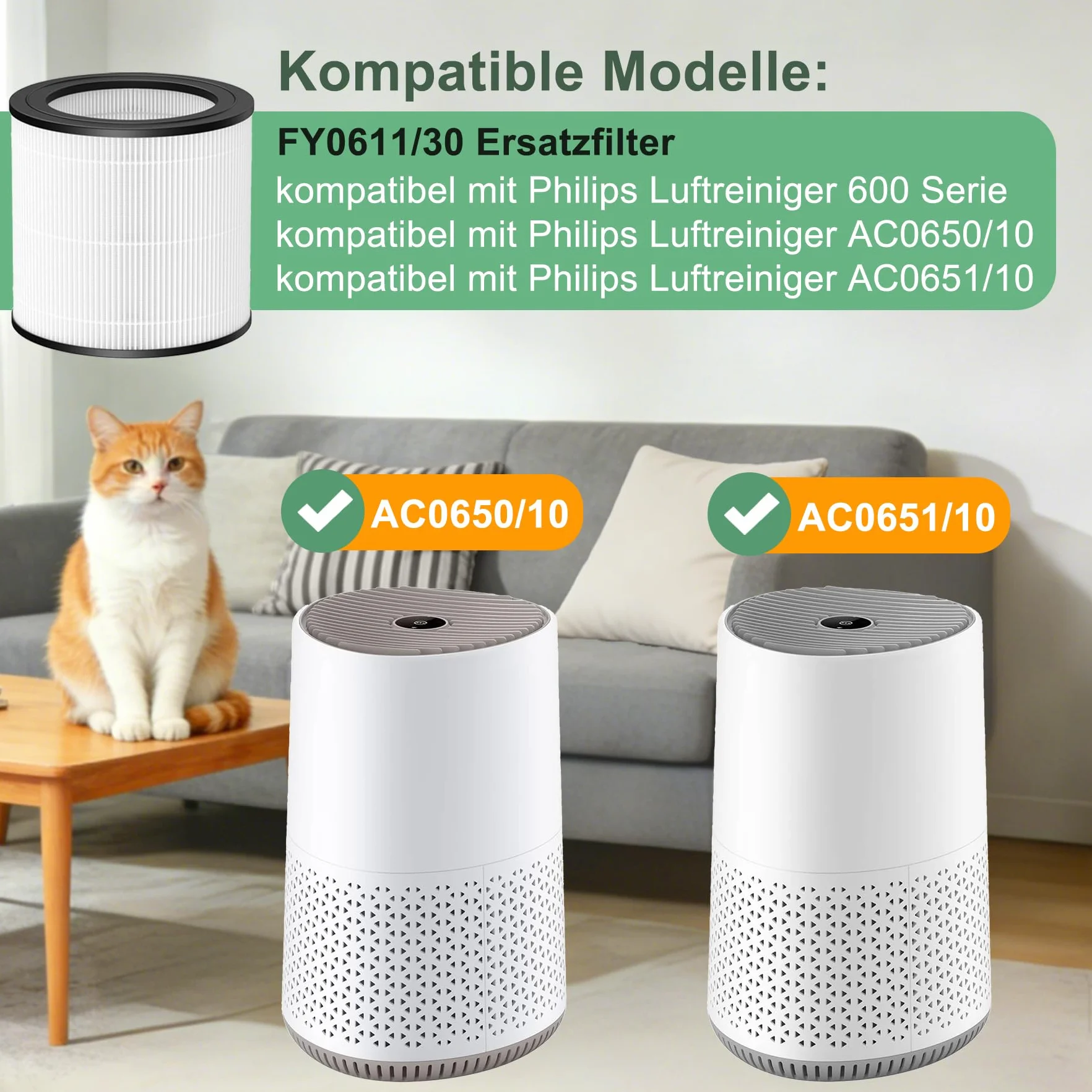 FY0611 Filtr zamienny do oczyszczacza powietrza z serii 600 Philips AC0650/10 AC0651/10 H13 True HEPA FY0611/30 filtr powietrza zamiennik (2 sztuki)