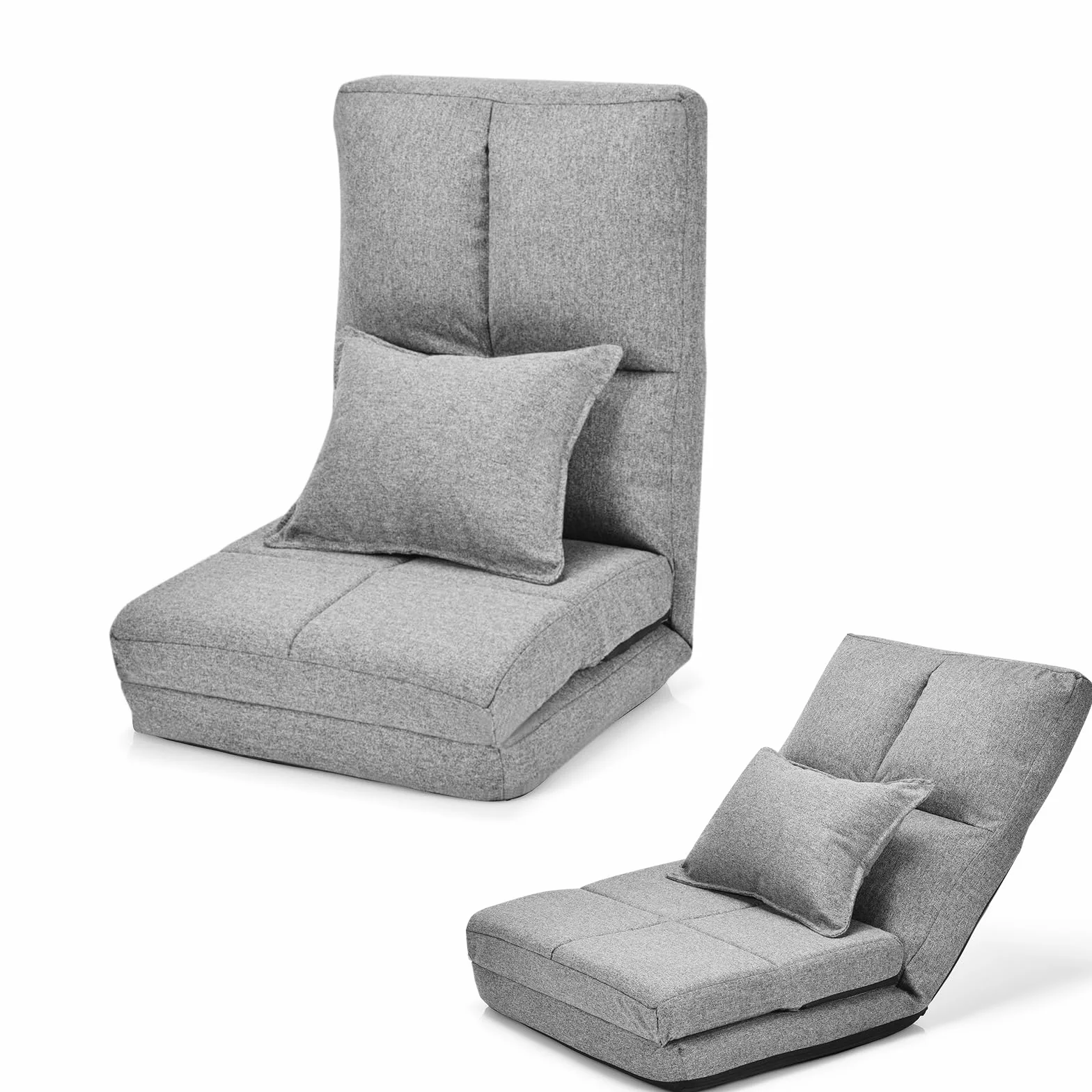 GOPLUS Krzesło podłogowe, fotel podłogowy z 5-stopniową regulacją oparcia i poduszkami, sofa podłogowa z funkcją spania, obciążenie do 100 kg, fotel do czytania, leżak do medytacji, do salonu (szary)