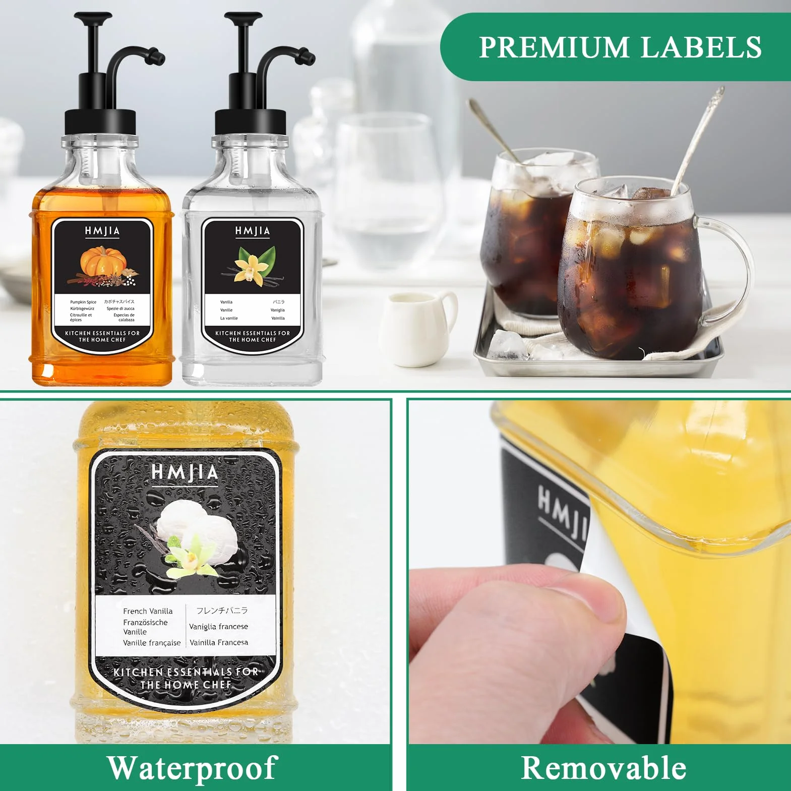 HMJIA Dozownik syropu kawowego do kawiarni, 500 ml, szklane butelki na syrop z 16 wodoodpornymi etykietami, pompa do syropu do restauracji, baru lub lodziarni (500 ml - 1 szt., czarny kwadrat)