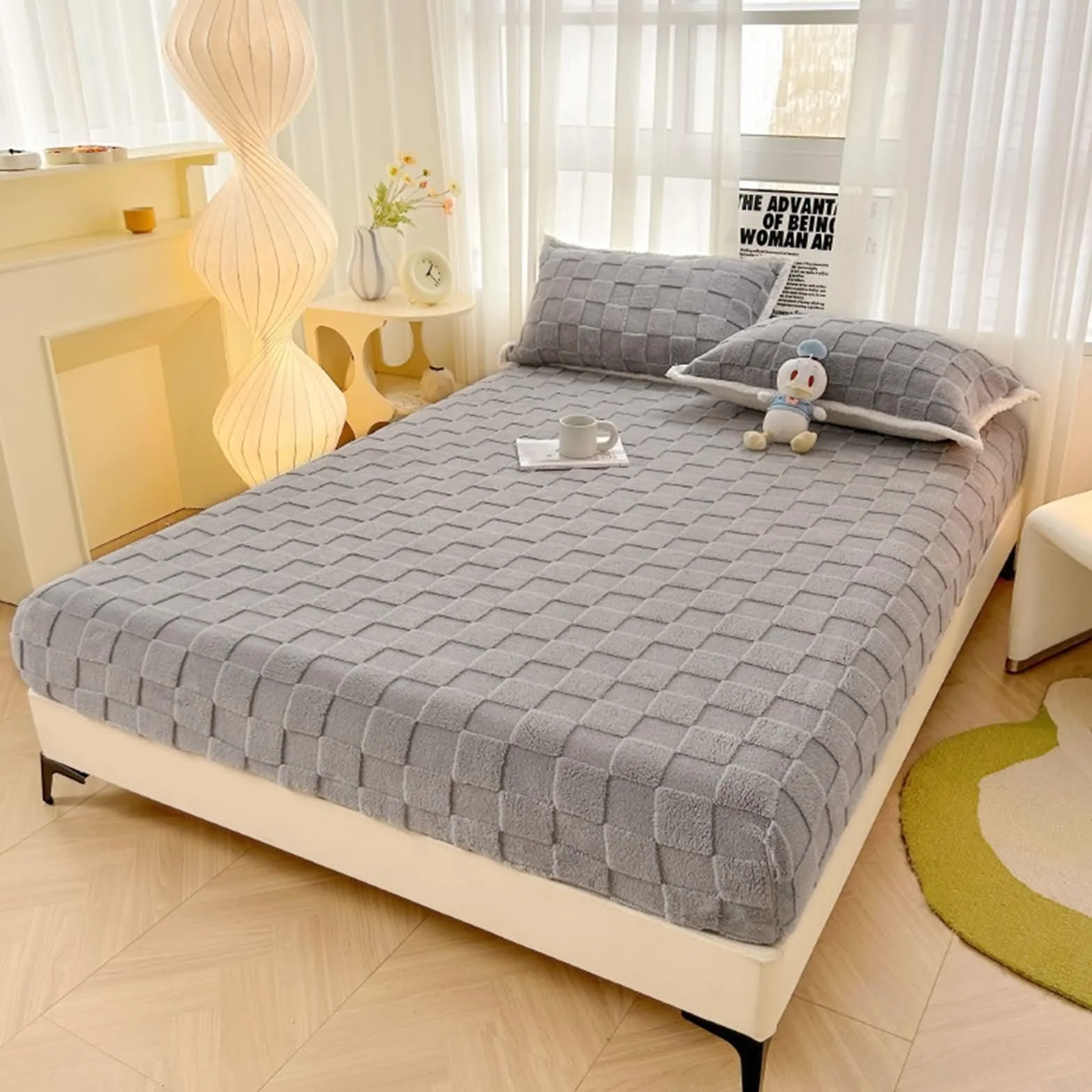 Prześcieradło z gumką 200 x 220 cm, zestaw 2 poszewek na poduszki, nadaje się do prania, wzór 3D, odporne na zmarszczki, blaknięcie, aksamitne prześcieradło z gumką, szare, na wszystkie pory