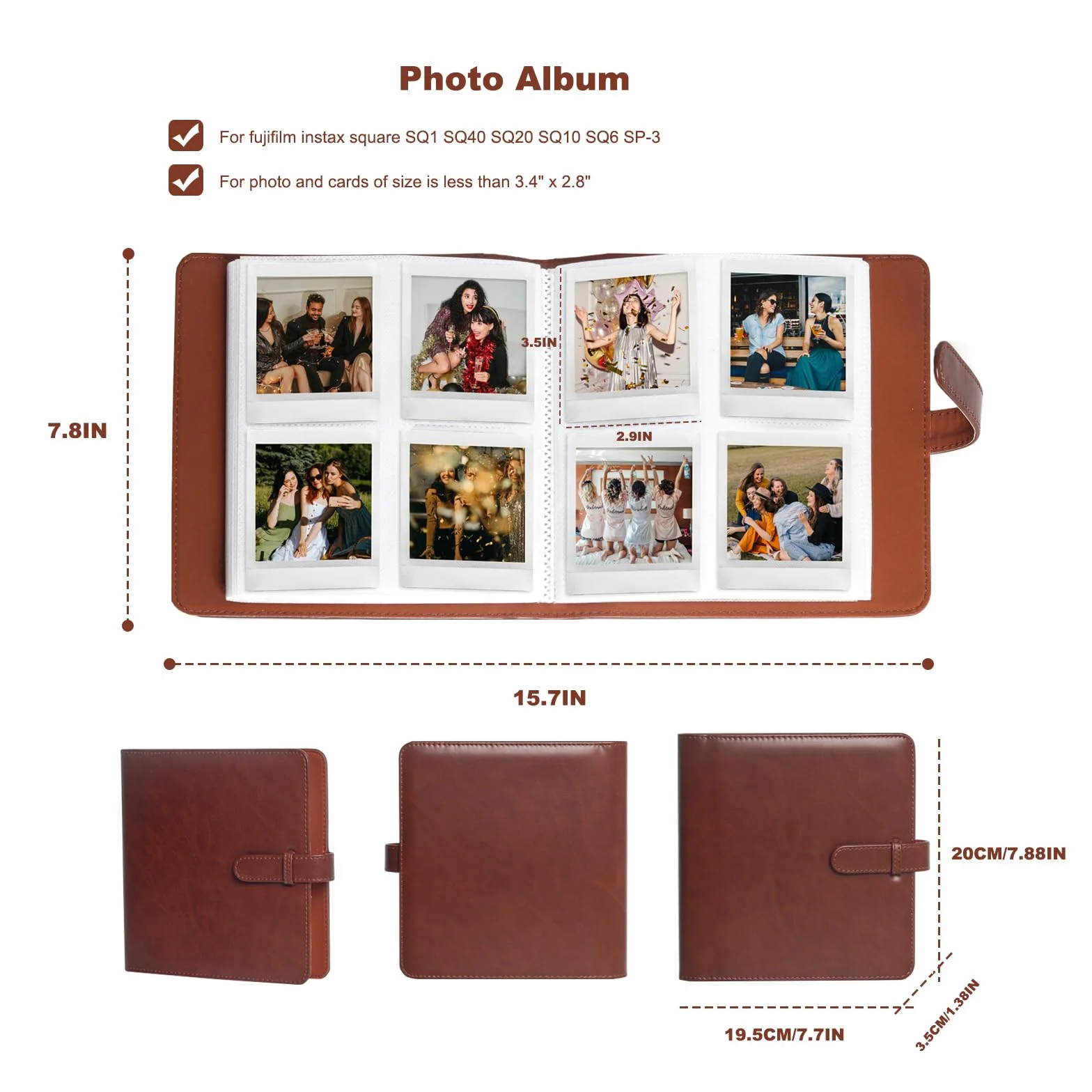 Album fotograficzny z 288 kieszeniami kwadratowymi do aparatu Fujifilm Instax Square SQ40/SQ1/SQ6/SQ10/SQ20/SP-3 (brązowy)