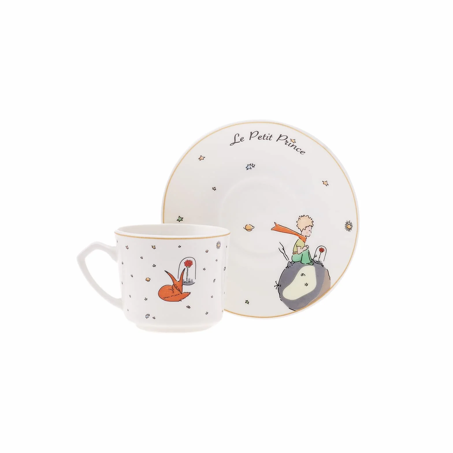 KARACA Le Petit Prince Design Porcelanowe filiżanki do kawy i spodki, zestaw 6 sztuk, białe, wielokolorowe, małe, tureckie filiżanki do kawy, cappuccino, zestaw 12 sztuk, 80 ml