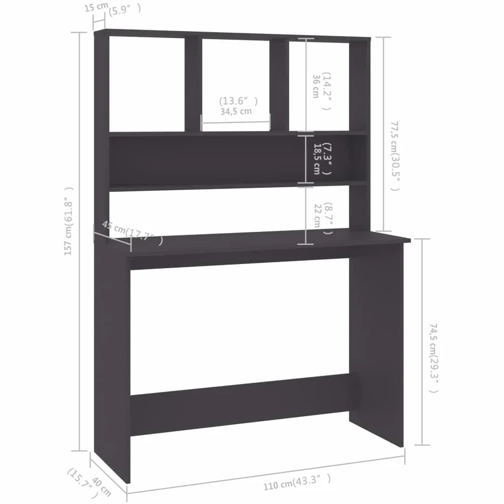 Biurko z półkami, szare, 110 x 45 x 157 cm, materiał drewnopochodny, zajmuje mało miejsca, z półką i szufladą, do biura, biura domowego, gabinetu, pokoju młodzieżowego i gier z zarządzaniem