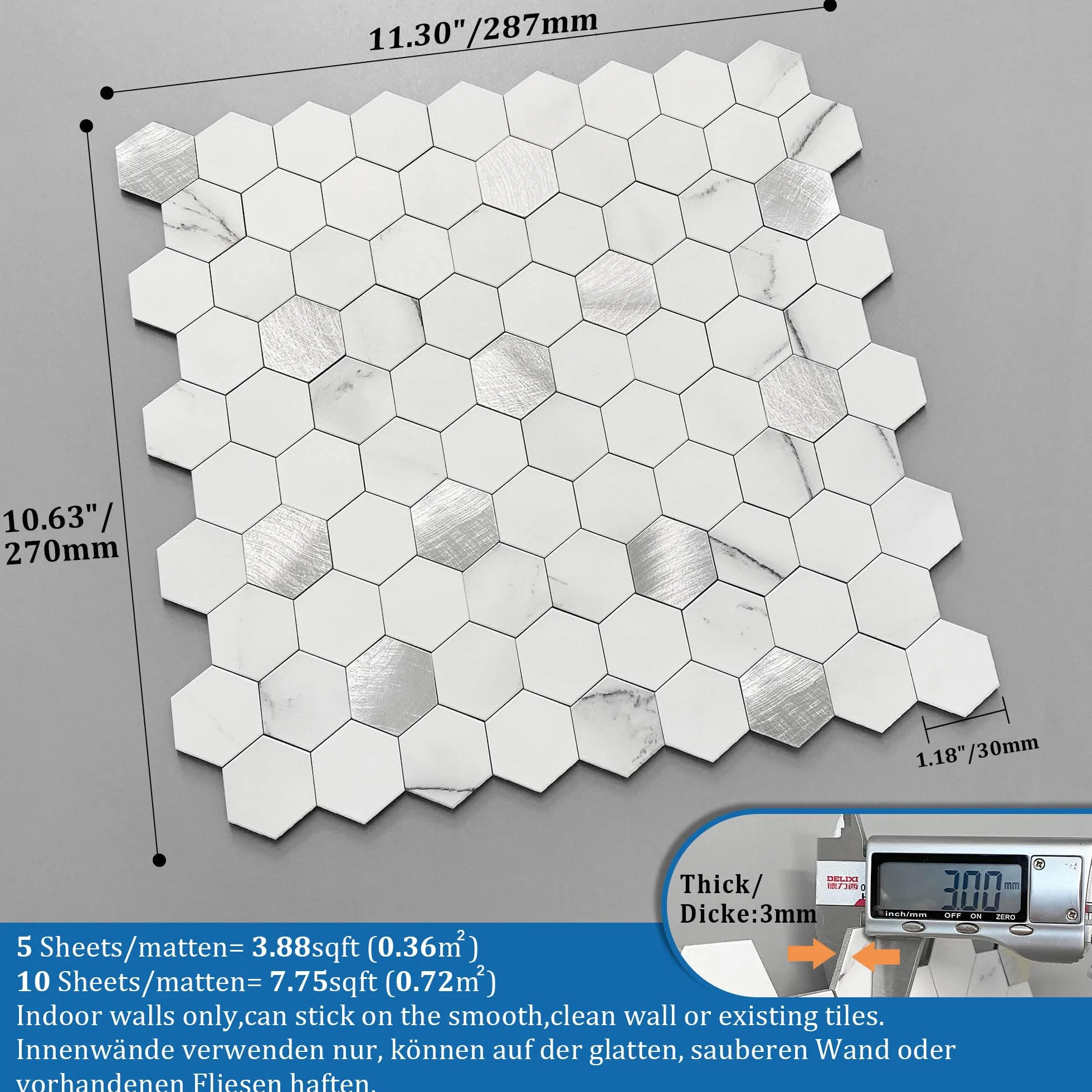 MOFIT Samoprzylepne naklejki na płytki ścienne 3D, efekt marmuru i metalowa mozaika, odklej i przyklej, płytki ścienne, odporne na ciepło (białe srebro, 10 arkuszy)
