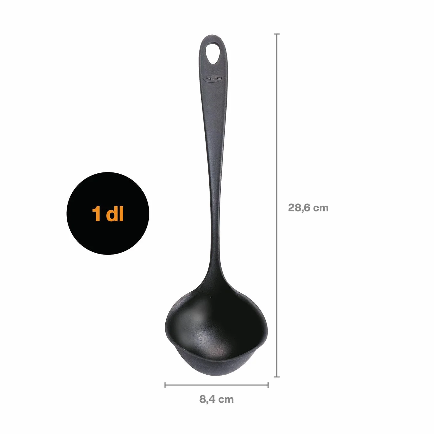 Fiskars Łyżka do zupy z obręczą zapobiegającą kapaniu, Essential, tworzywo sztuczne, długość: 28,6 cm, pojemność: 100 ml, dla prawo- i leworęcznych, czarna, 1079059