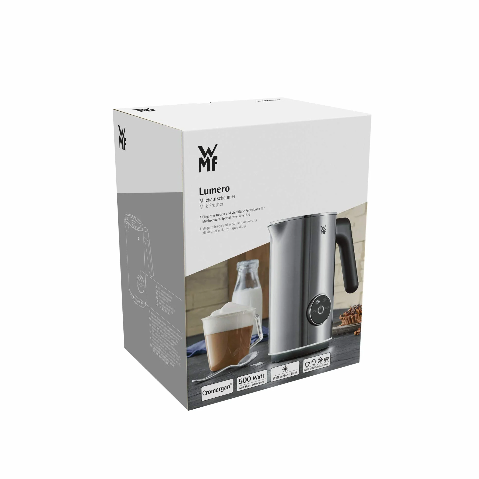 WMF Lumero elektryczny spieniacz do mleka, 100-250 ml, dotykowy wyświetlacz, światło LED, 500 W, do spieniania mleka na gorąco i zimno, gorące mleko, podgrzewacz do mleka, stal nierdzewna matowa