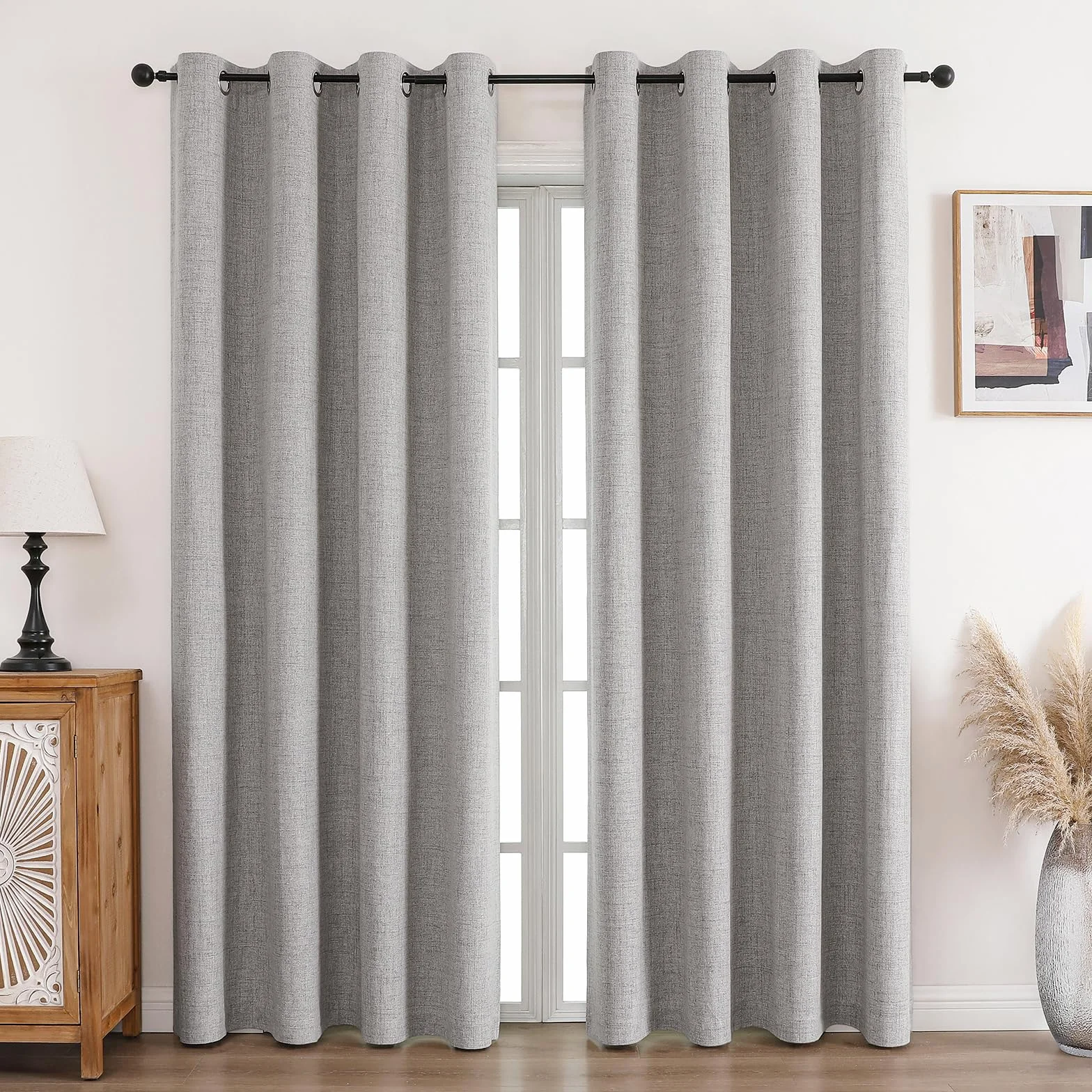 CUCRAF Zasłona w 100% nieprzezroczysta, lniana zasłona na przelotkach, zaciemniająca, szaro-biała, wys. 229 x szer. 167 cm, zestaw 2 sztuk, termiczna ochrona przed zimnem, izolacja akustyczna, do