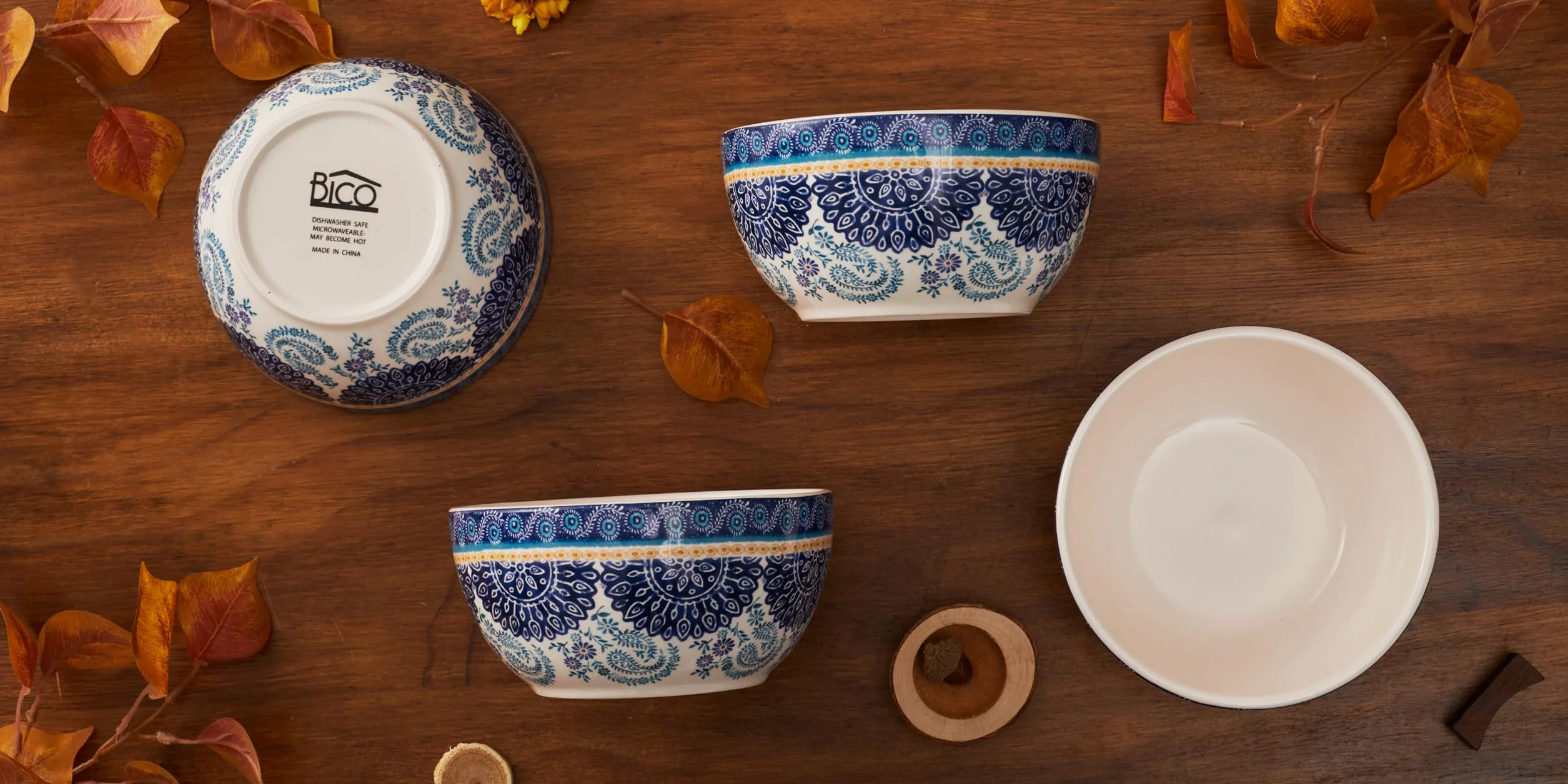Bico Blue Talavera 765 ml ceramiczne miski na musli, zestaw 4 sztuk, do makaronu, sałatki, płatków śniadaniowych, zupy i kuchenki mikrofalowej i zmywarki
