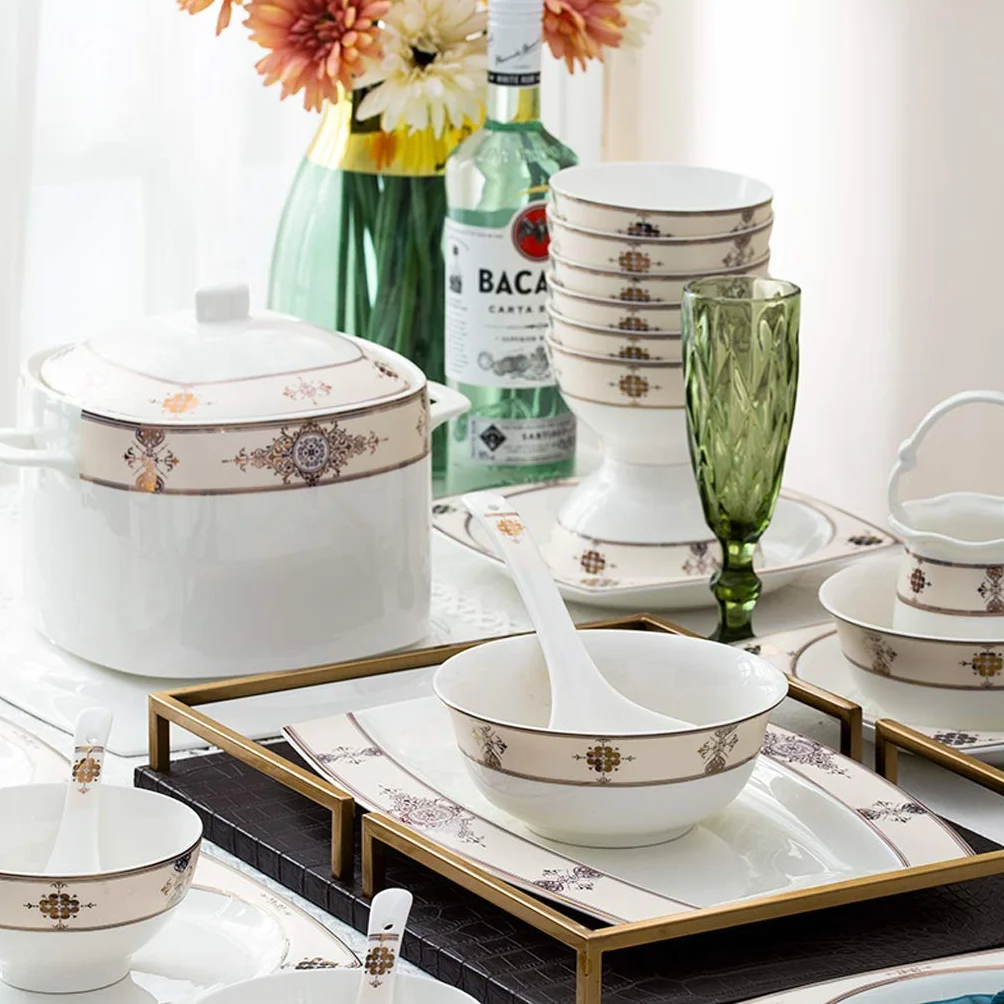 Zastawa stołowa do kuchni w stylu pałacowym Zestaw zastawy chińskiej Talerz obiadowy Ceramika Zestaw zastawy stołowej Miska płatków śniadaniowych i garnek do zupy oraz naczynie 58 sztuk
