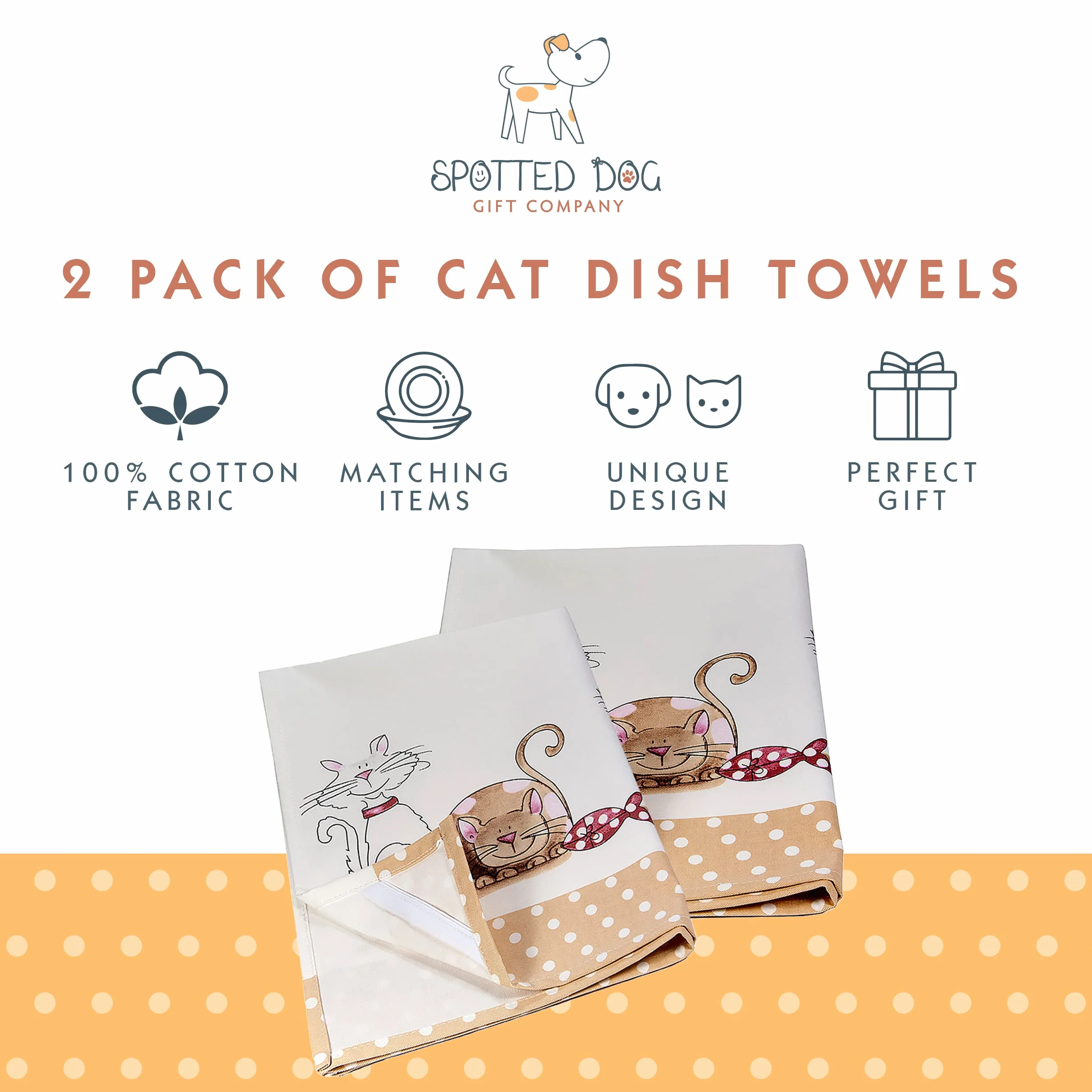 SPOTTED DOG GIFT COMPANY Zestaw 2 ręczników kuchennych z uroczym kotem z nadrukiem, 100% chłonna jakość bawełny, pomysł na prezent dla miłośników kotów 50 x 70 cm