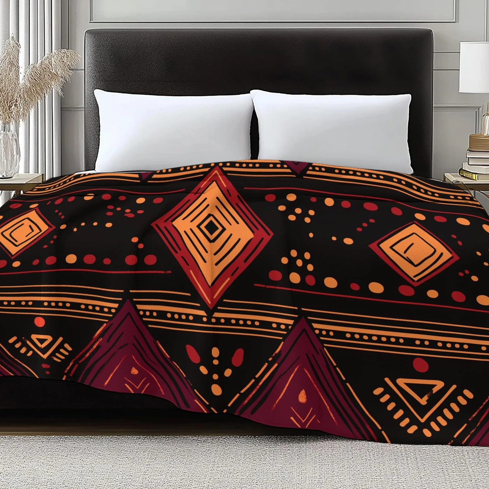 Koc flanelowy z polaru afrykańskie plemiona proste linie polar, narzuta na sofę Wygodny dwuosobowy koc na łóżko w kratę zimowy, 220 x 240 cm czarny i czerwony