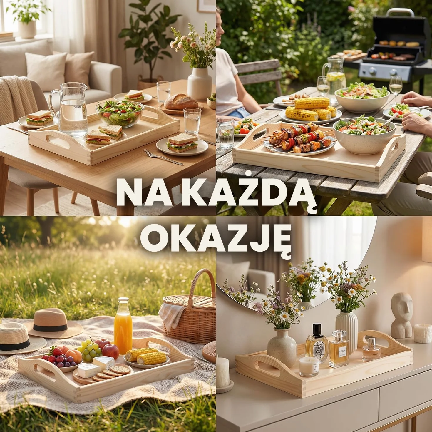Duża taca z litego drewna 50 x 30 cm - prostokątna drewniana taca z ergonomicznie wyprofilowanymi uchwytami i podwyższonym rantem dla wygodnego serwowania potraw i napojów