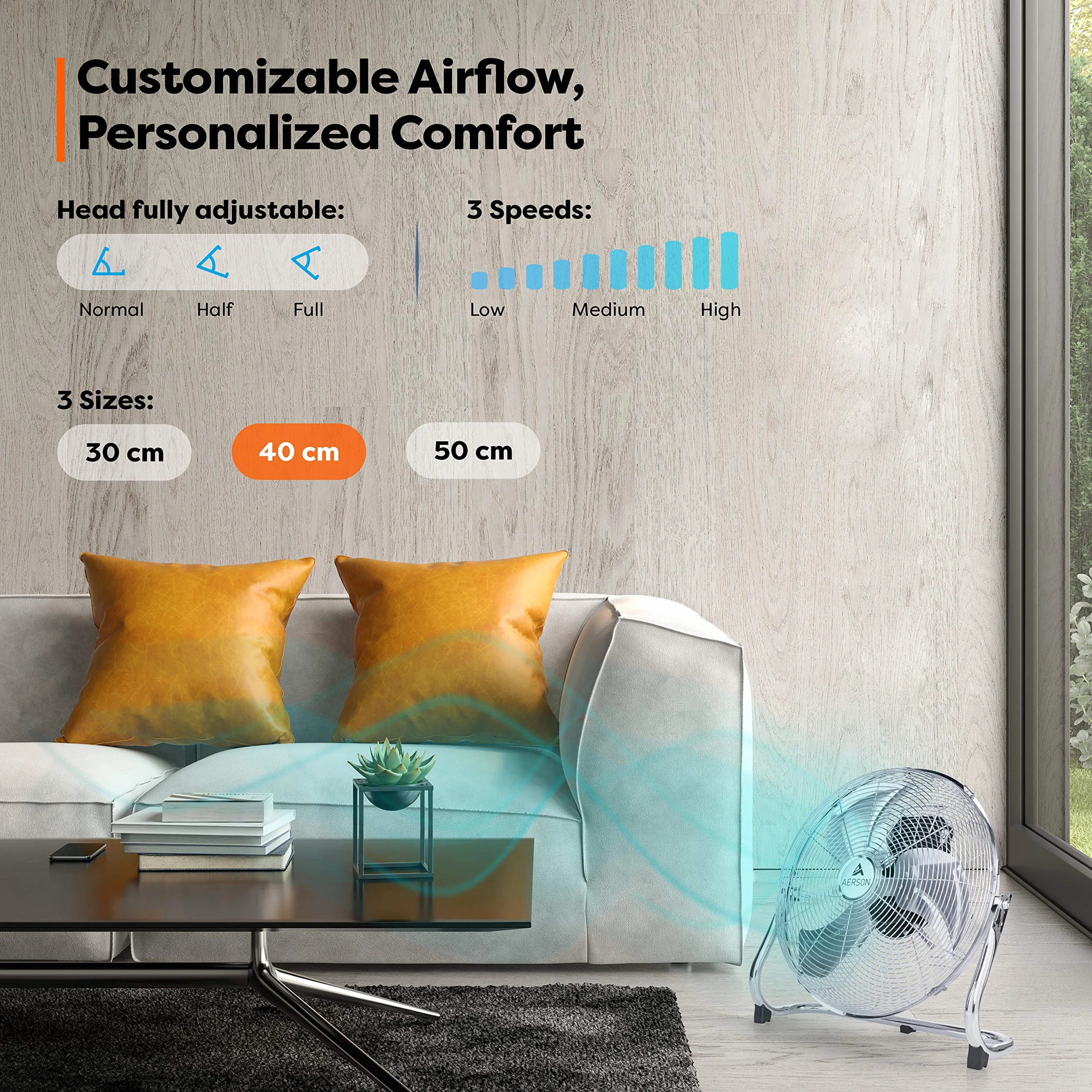Aerson wentylator podłogowy 40 cm, 3 poziomy mocy, 100 W, wysoka przepustowość powietrza, solidne metalowe wykonanie, kąt nachylenia ok. 110 stopni