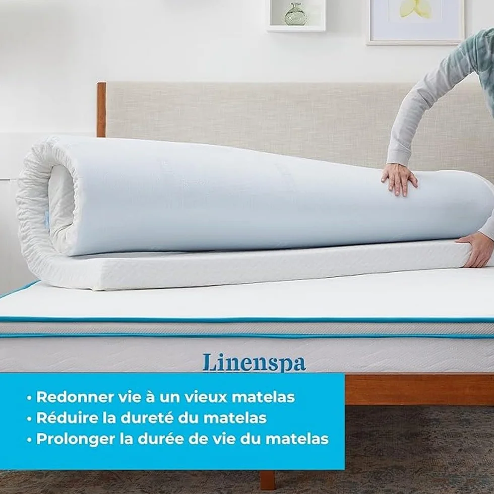 Linenspa Materac wierzchni 150 x 200 cm, wysokość 7,5 cm – nakładka na materac z pianką żelową z pamięcią kształtu i poszewką z zamkiem błyskawicznym nadającą się do prania – Öko-Tex