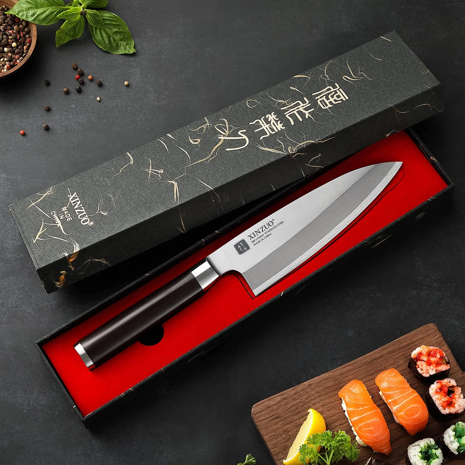 XINZUO 18 cm Deba nóż ze stali nierdzewnej X8Cr14MoV, japoński nóż sashimi do sushi, pojedyncze ostrze, nóż szefa kuchni, profesjonalny nóż do ryb, uchwyt hebanowy, z pochwą z drewna brzozowego