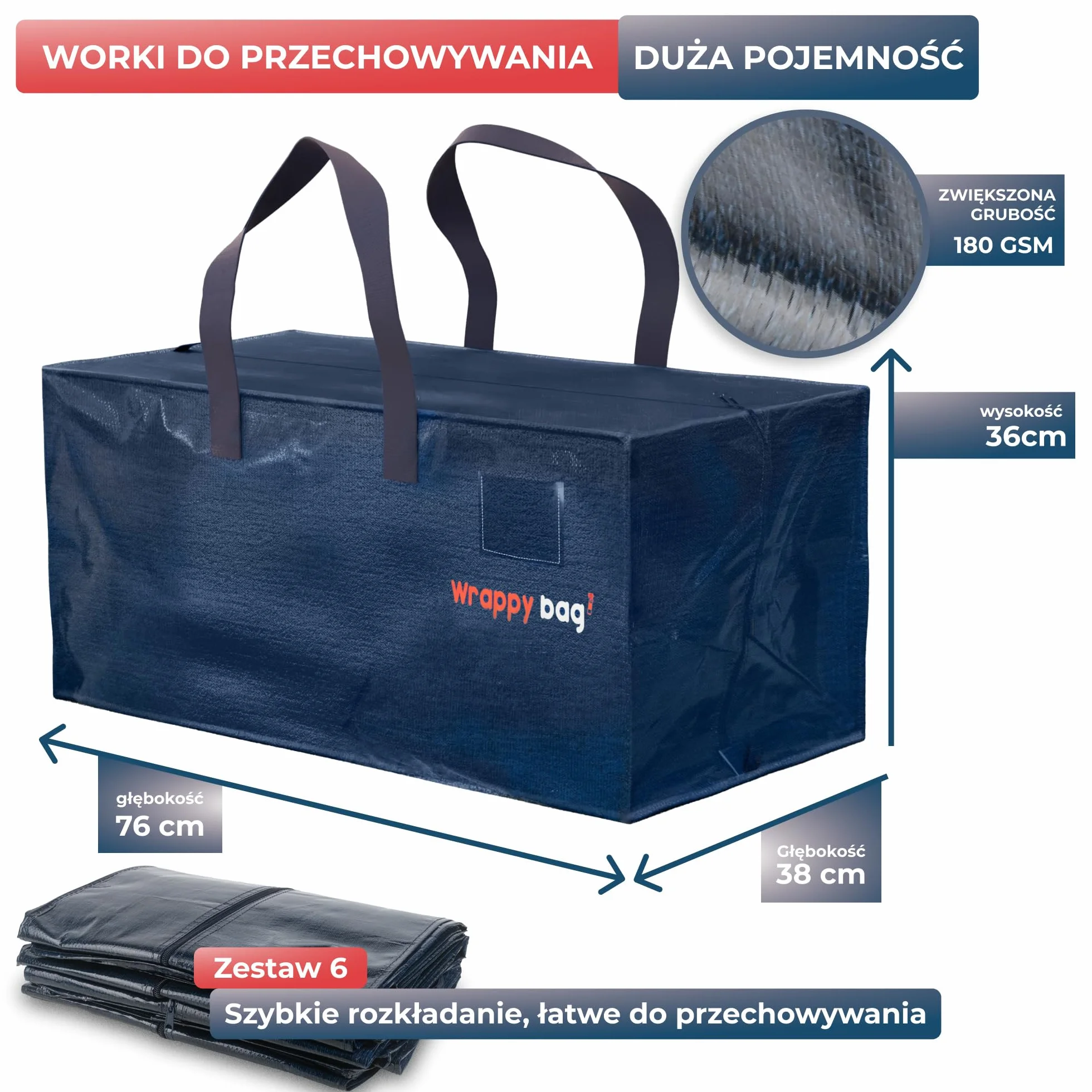 WRAPPYBAG Zestaw 6 Dużych Toreb do Przechowywania w Formie Plecaka – Torby Jumbo XXL – Przeprowadzka Podróż – Solidne, Grube Wodoodporne Wzmocnionymi Uchwytami – Na Odzież, Pościel – 76 x 36 x 38 cm