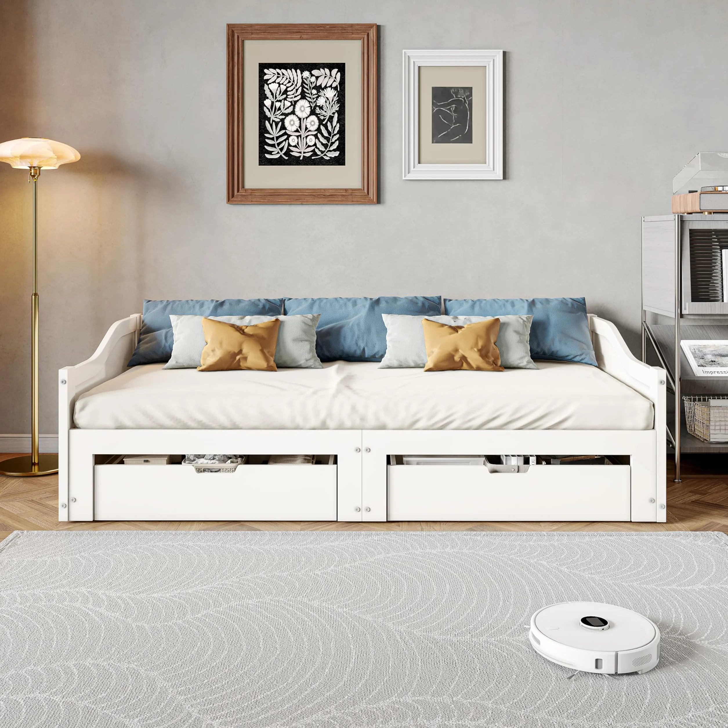 Sofa rozkładana 90/180 x 200 cm z litego drewna, składane łóżko z 2 szufladami, balustrada i podłokietniki, bez poduszek, idealna do pokoju dziecięcego lub salonu (lite drewno)