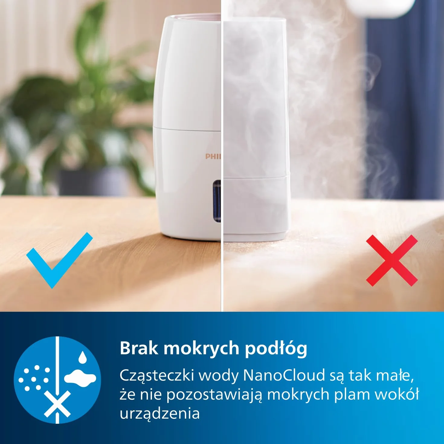Philips Nawilżacz powietrza Serii 2000, Higieniczne nawilżanie NanoCloud, 99,97% mniej bakterii, 200 ml/h, Zbiornik 2L, Ultra cichy (33 dB), 3 prędkości, Tryby Auto i Nocny, Timer, Biały (HU2716/10)