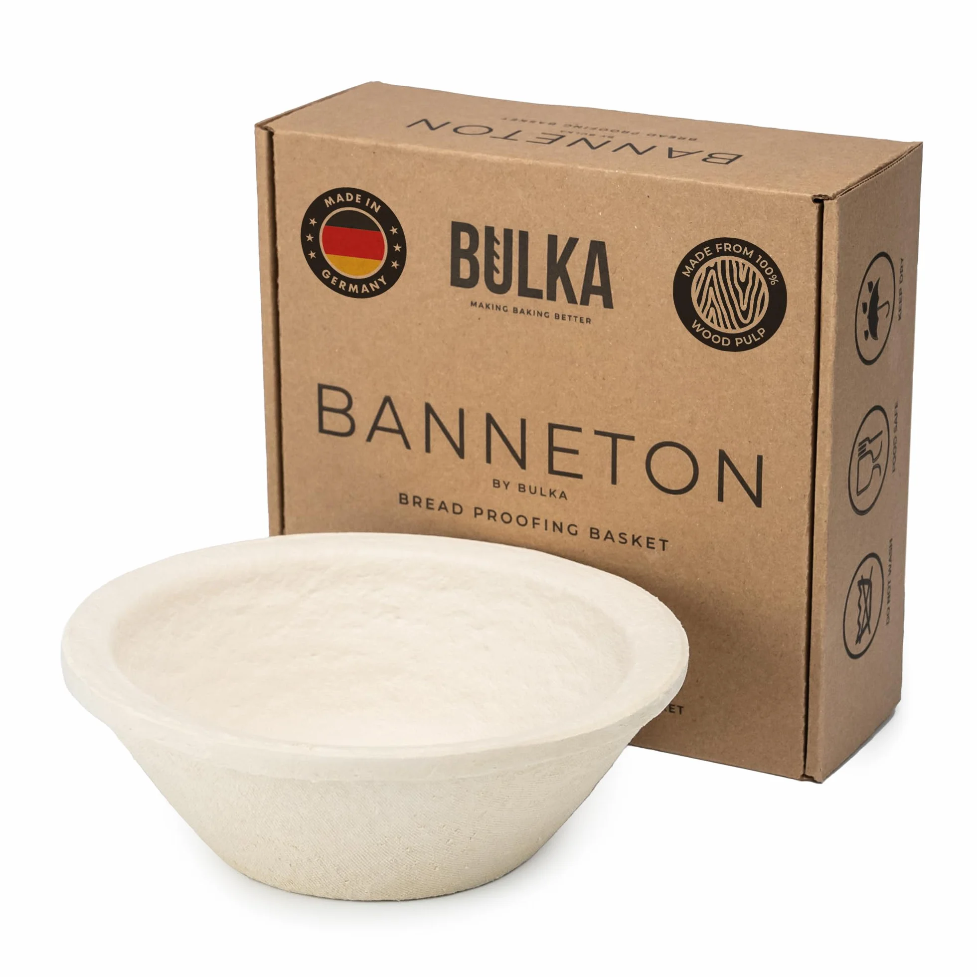 Bulka Mały okrągły kosz do pieczenia chleba, banneton, 20 cm, 500 g, wyciskany kosz na miąższ drzewny, nieprzywierające artykuły do pieczenia chleba na zakwasie, wyprodukowano w Niemczech.