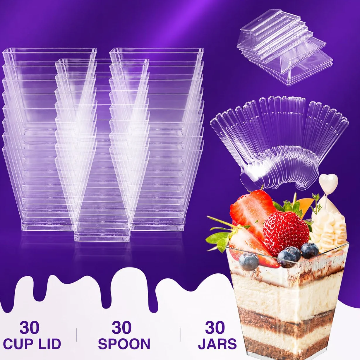 30 sztuk plastikowych kubków deserowych, 150 ml, zestaw 30 łyżek do zupy, 30 pokrywek DIY, przezroczyste, wielokrotnego użytku, do musu, budyniu, lodów, bufetów, deserów, pikników