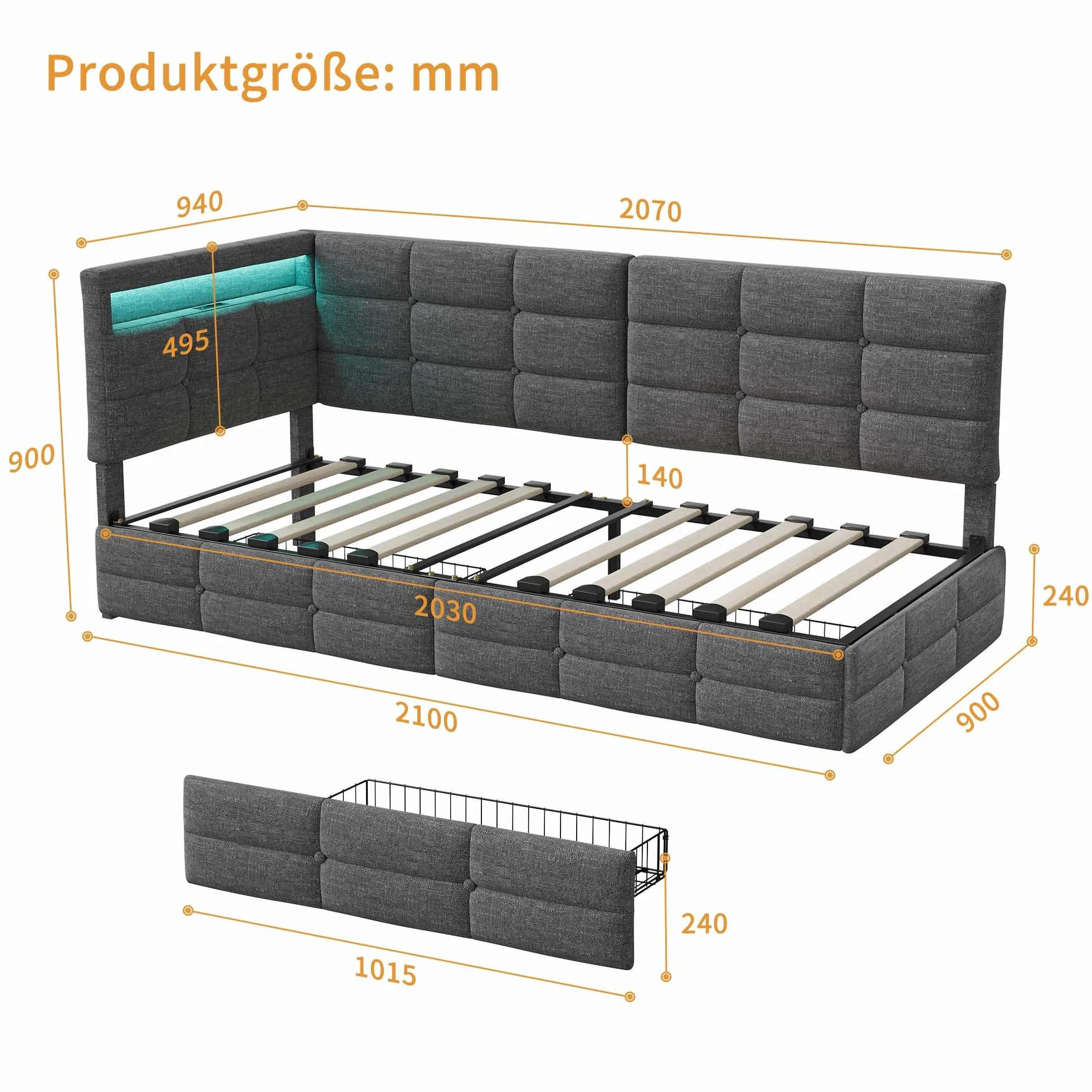 Łóżko 90 x 200 cm, z miejscem do przechowywania, tapicerowane, młodzieżowe, 90 x 200 cm, z diodami LED i USB, sofa z szufladami, pojedyncze łóżko dzienne ze stelażem, łóżko narożne, len, szare