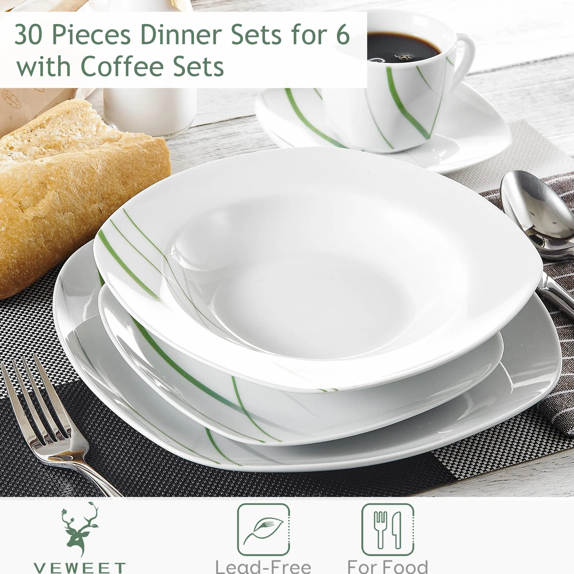 VEWEET Aviva 30-częściowy porcelanowy zestaw obiadowy, kość słoniowa, zielone linie
