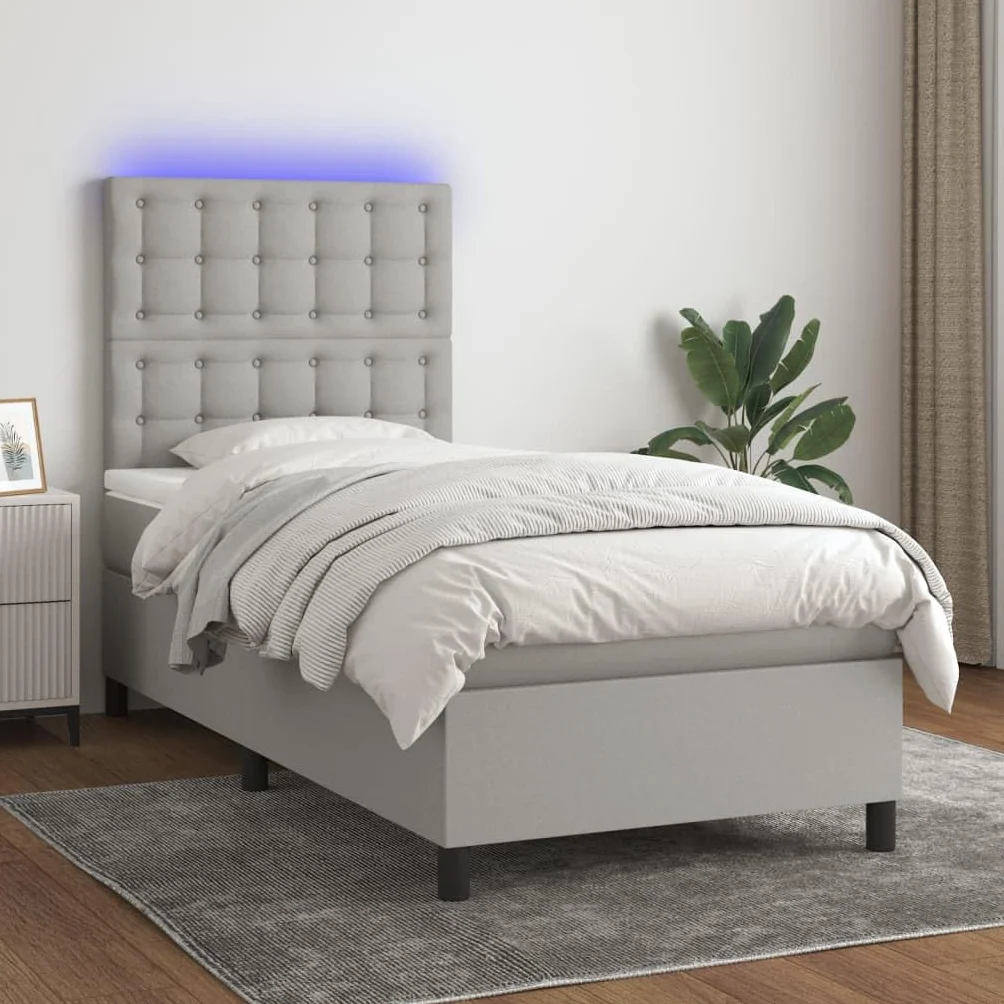 Tkanina regulowany zagłówek LED 80x200 cm Szary | Łóżko kontynentalne z materacem 80x200 cm jasnoszare tkanina LED regulowany zagłówek