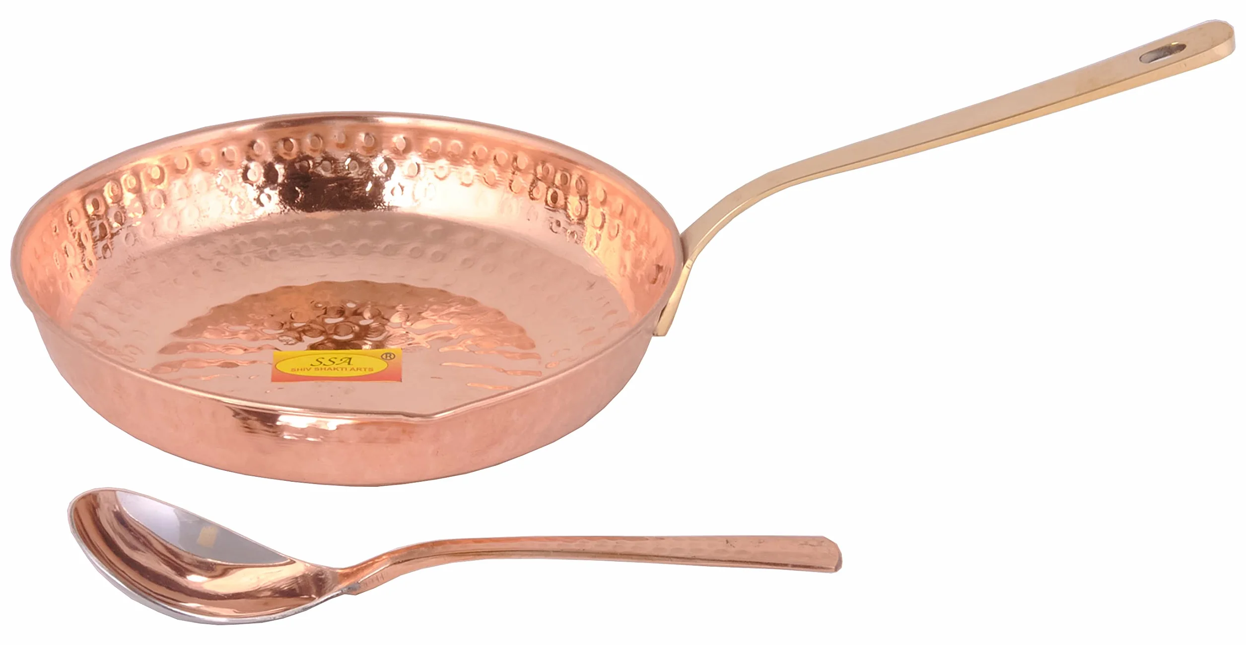 SHIV SHAKTI ARTS Miedziana patelnia Tadka patelnia z łyżką do serwowania, 850 ml, do smażenia, gotowania, serwowania naczyń, domu, hotelu, restauracji, kuchni, Diwali, prezent, 2 sztuki