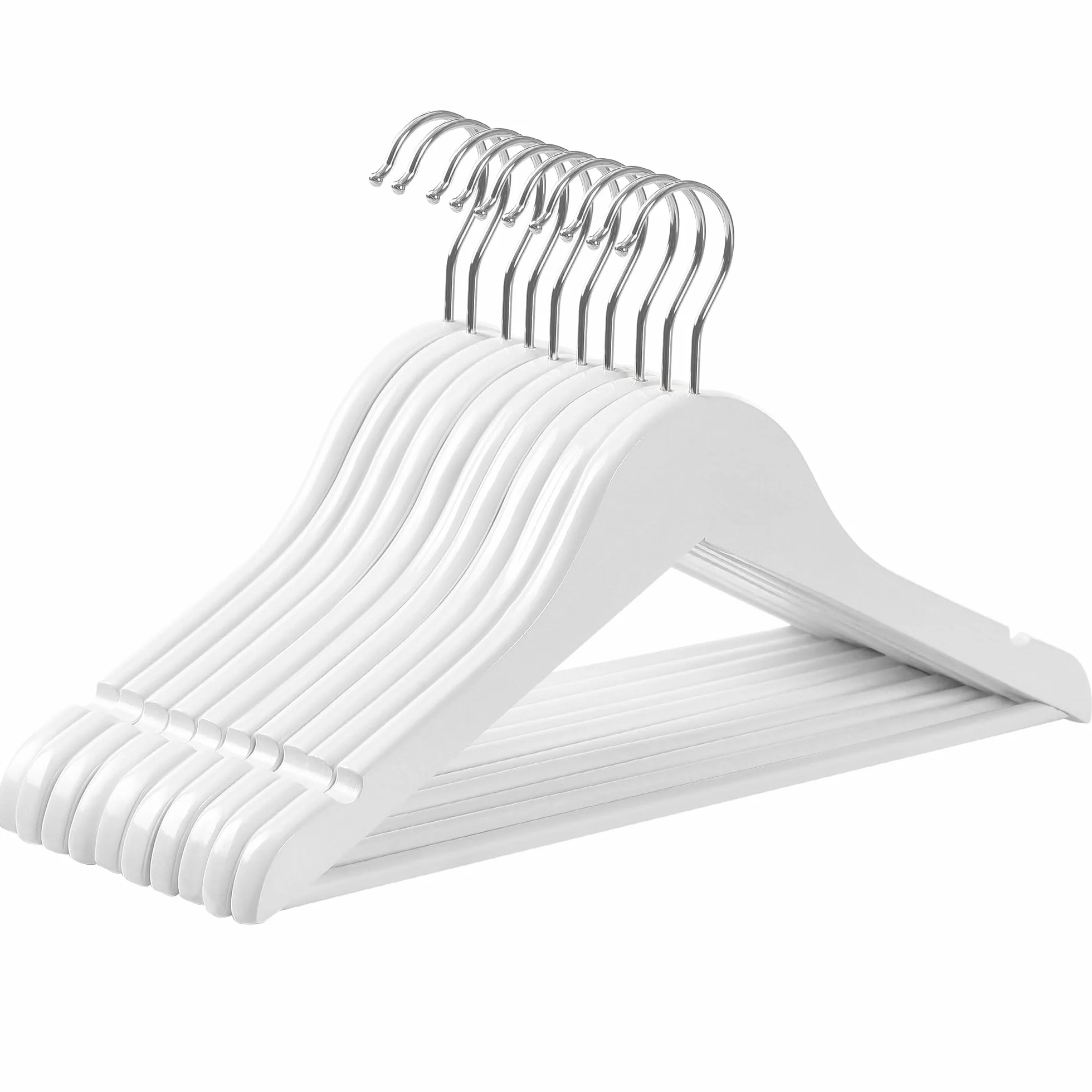 SONGMICS Wieszaki z litego drewna dla dzieci, zestaw 10 sztuk, z drążkiem do zawieszania, antypoślizgowe, nacięcia, obrotowy haczyk, 35 x 1,2 x 20 cm, białe CRW006W02