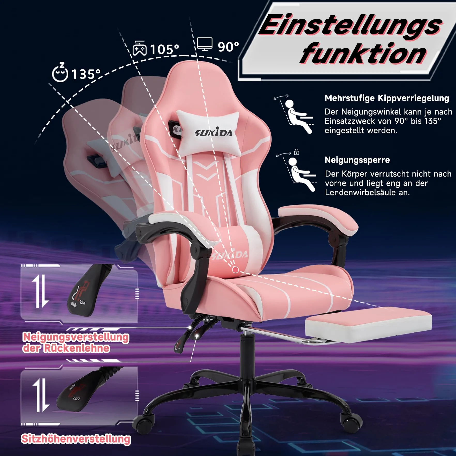 SUKIDA Ergonomiczny fotel do gier z podnóżkiem Różowo-biały