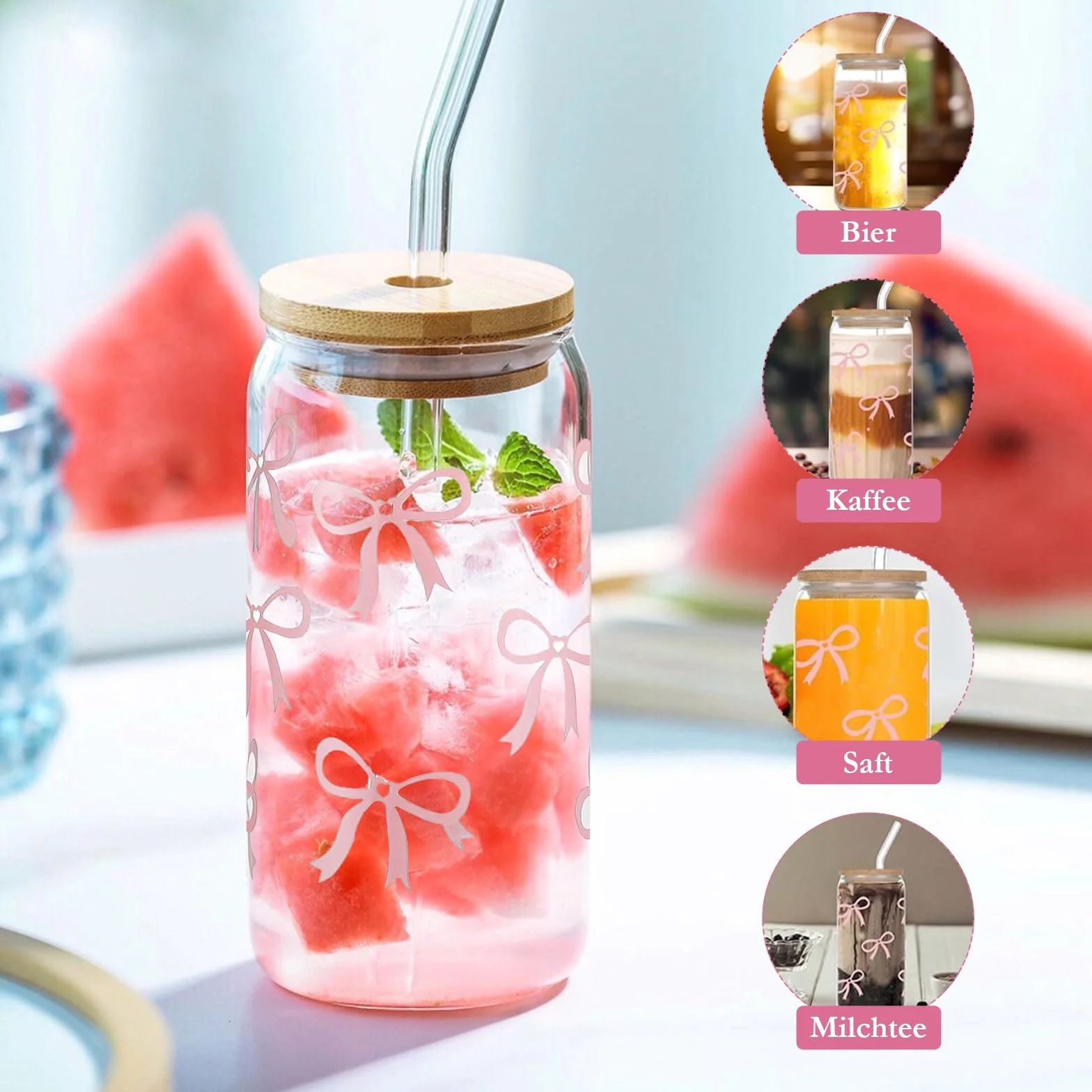 Szklany kubek do picia z pokrywką i słomką, szklany kubek Bow o pojemności 473 ml, szklanka do mrożonej kawy w kształcie puszki, różowa kokardka, uniwersalna szklanka do herbaty bąbelkowej