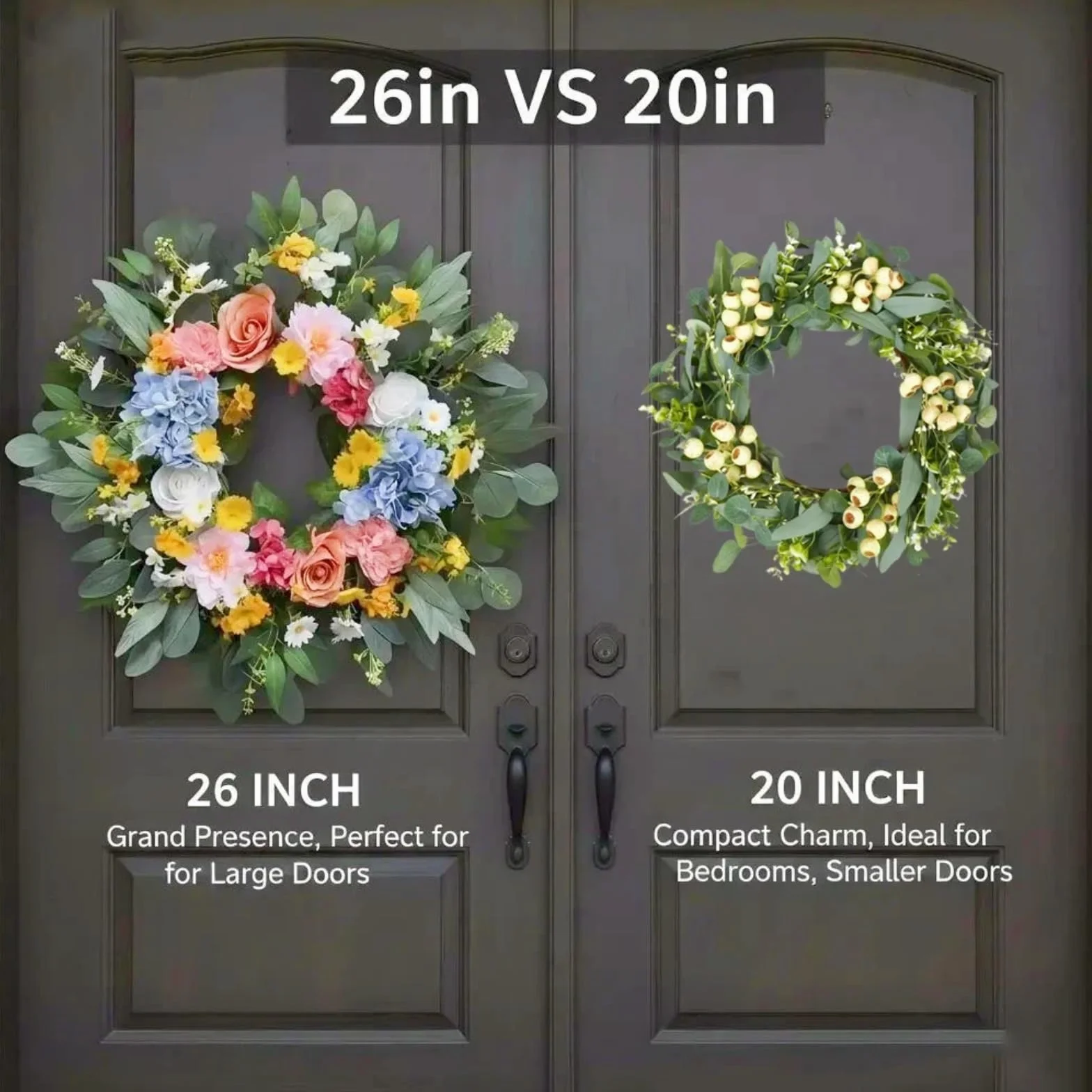 Wieniec na drzwi wejściowe 66 cm sztuczny z hortensjami i różami odporny na warunki atmosferyczne