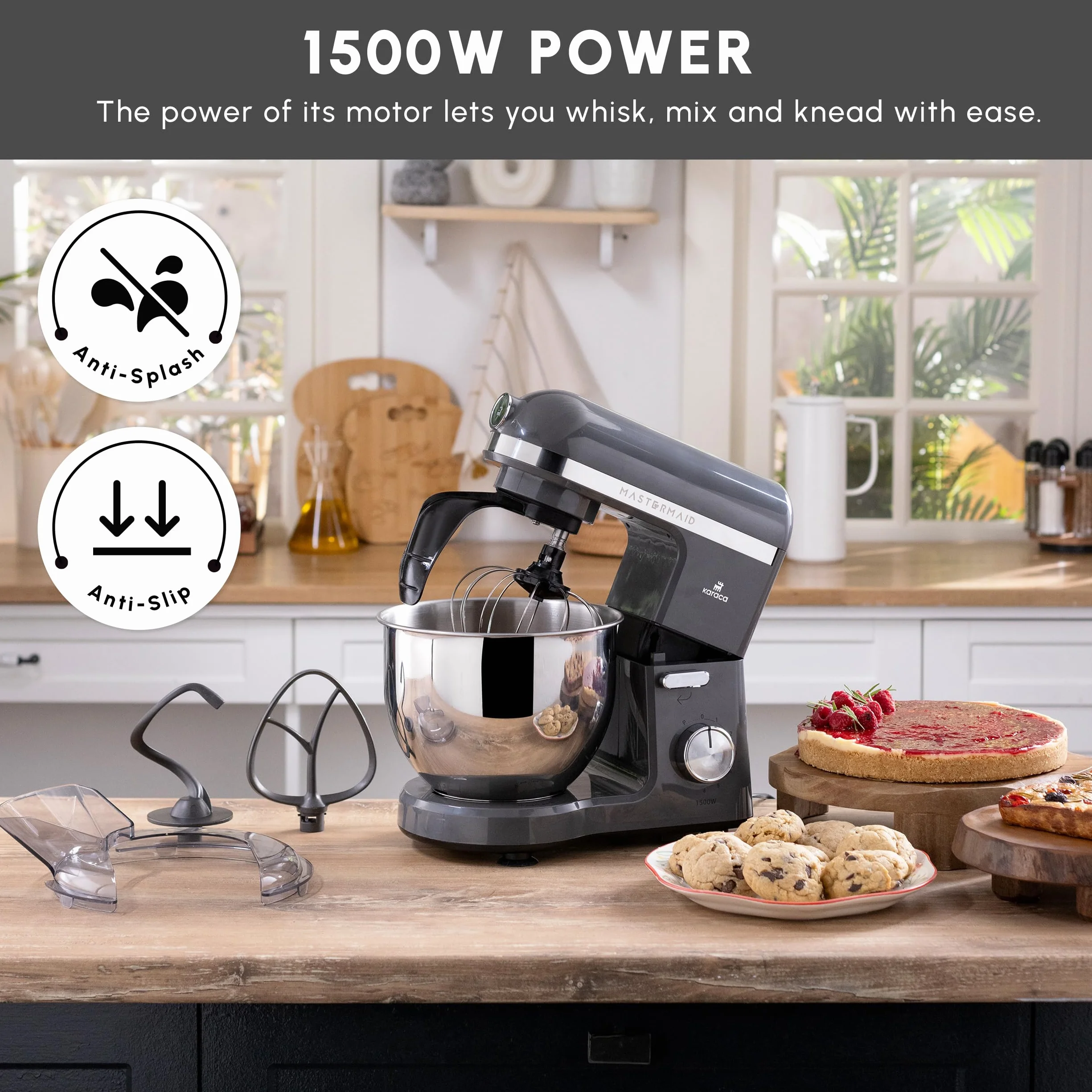 Karaca Mastermaid Chef Pro kuchenka dwuramieniowa, 1500 W, gwiezdna szarość, 1500 W, mikser 5 l, mikser kuchenny, regulacja prędkości, hak do ugniatania, ubijanie,