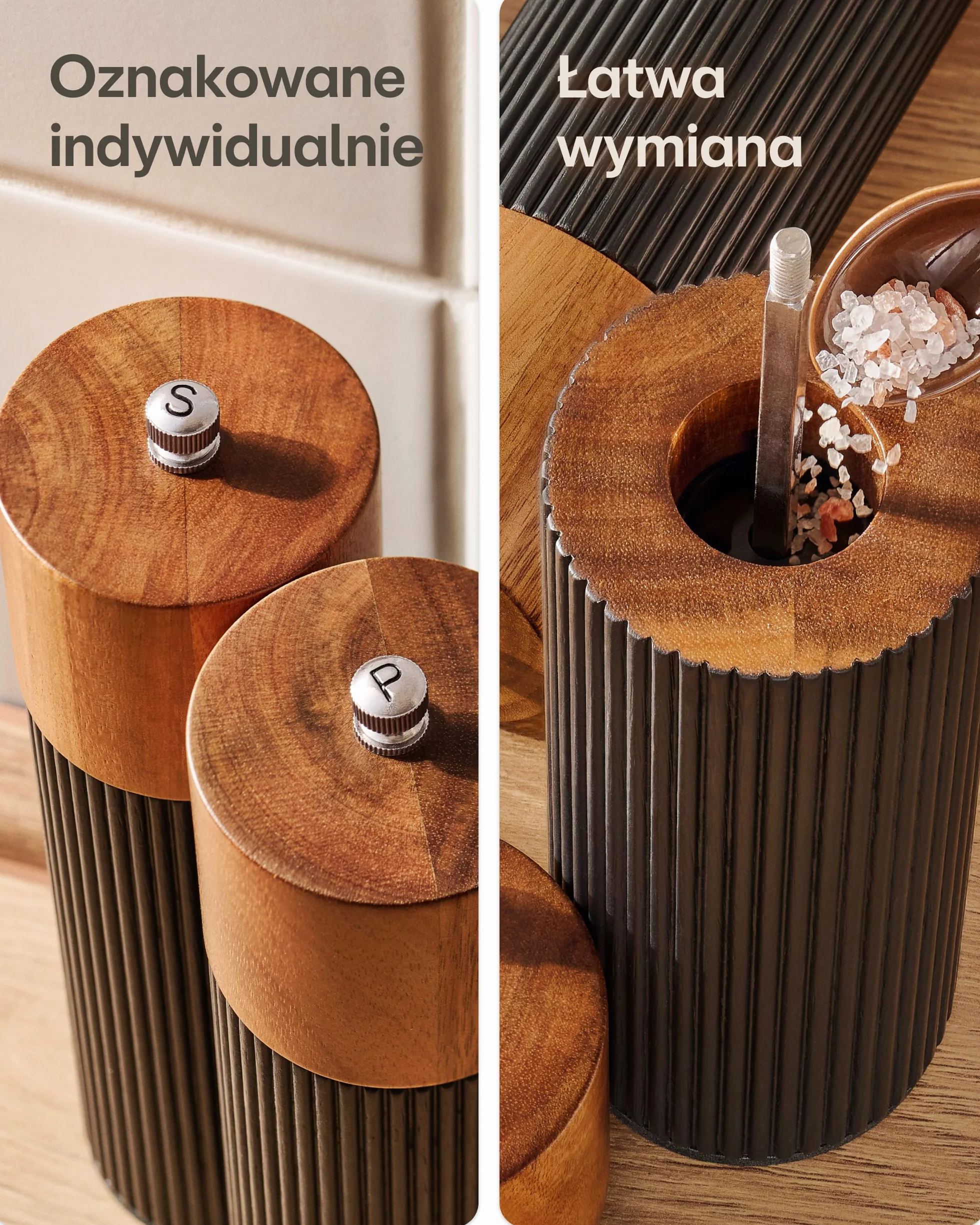 Praknu Zestaw Młynków Do Soli I Pieprzu Z Drewna Akacjowego FSC® – Elegancki Design Z Ceramicznym Mechanizmem – Płynna Regulacja I Trwałość – Czarny – Duży