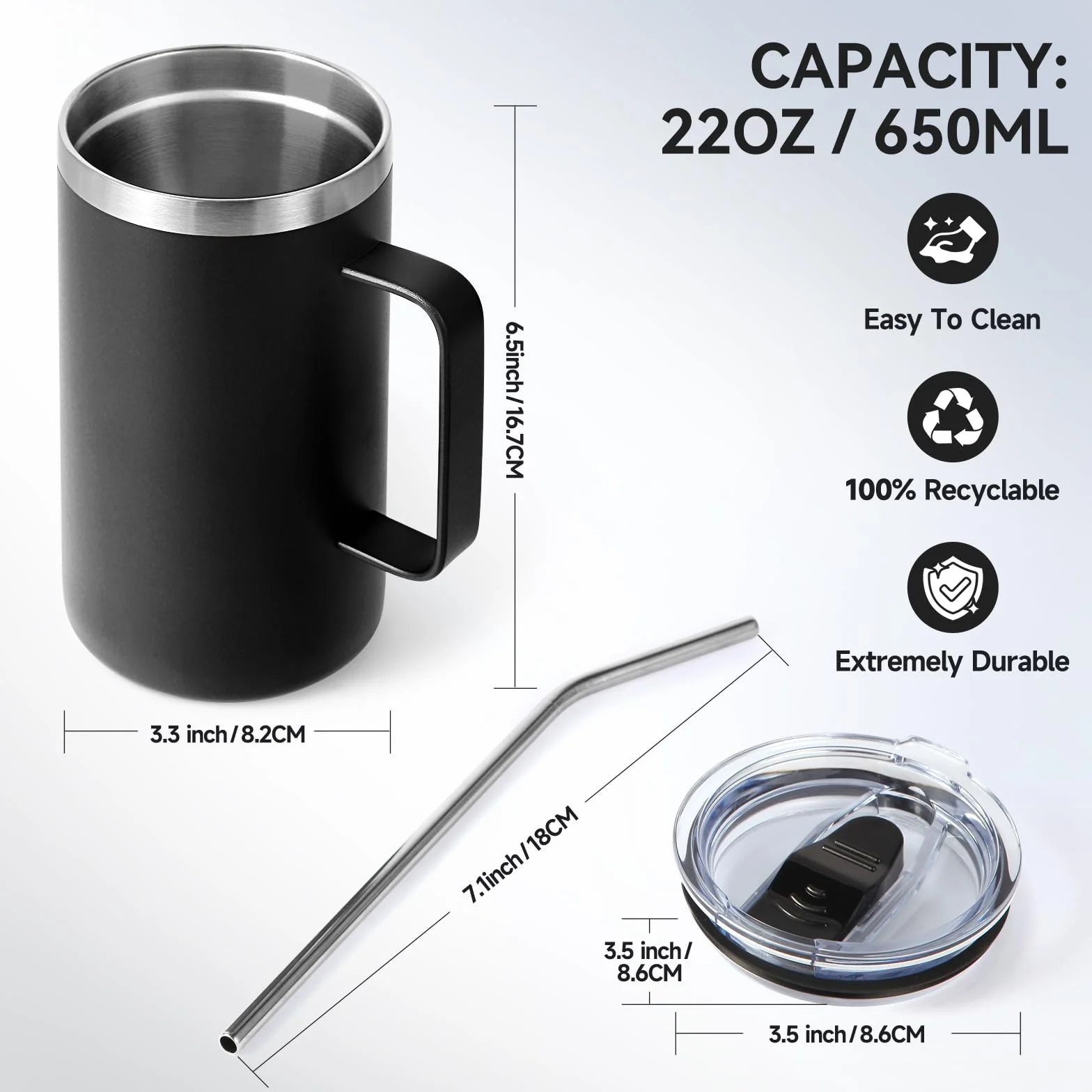 Volhoply 700 ml izolowany kubek do kawy z pokrywką i słomką, kubki podróżne ze stali nierdzewnej z uchwytem, szczelny kubek do kawy z podwójną ścianką do gorących i zimnych napojów (czarny, 1