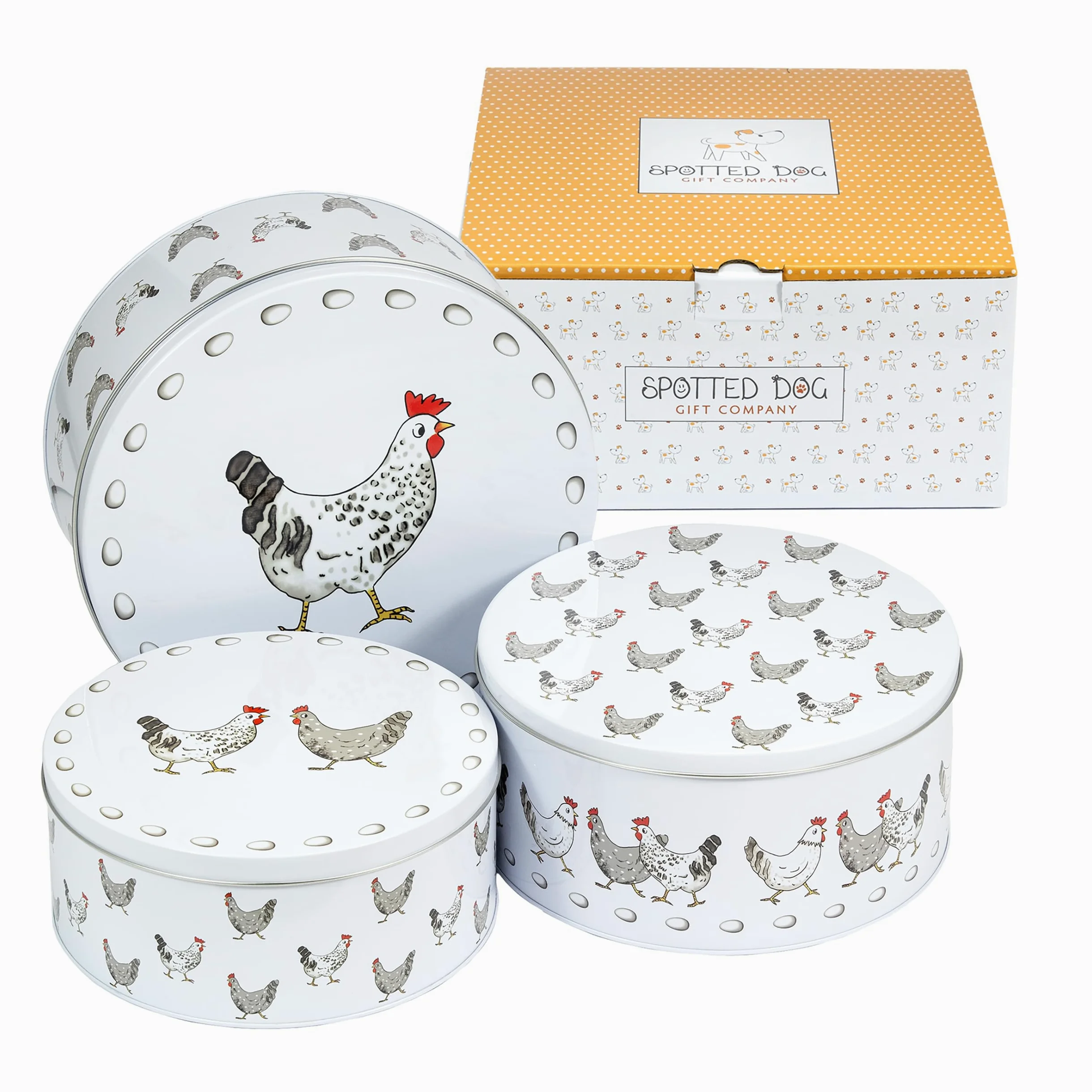 SPOTTED DOG GIFT COMPANY Puszki do przechowywania ciast, zestaw 3 okrągłych puszek na ciasto, do przechowywania ciast, ciastek i słodyczy, pojemniki o tematyce kurczaka z hermetycznymi pokrywkami