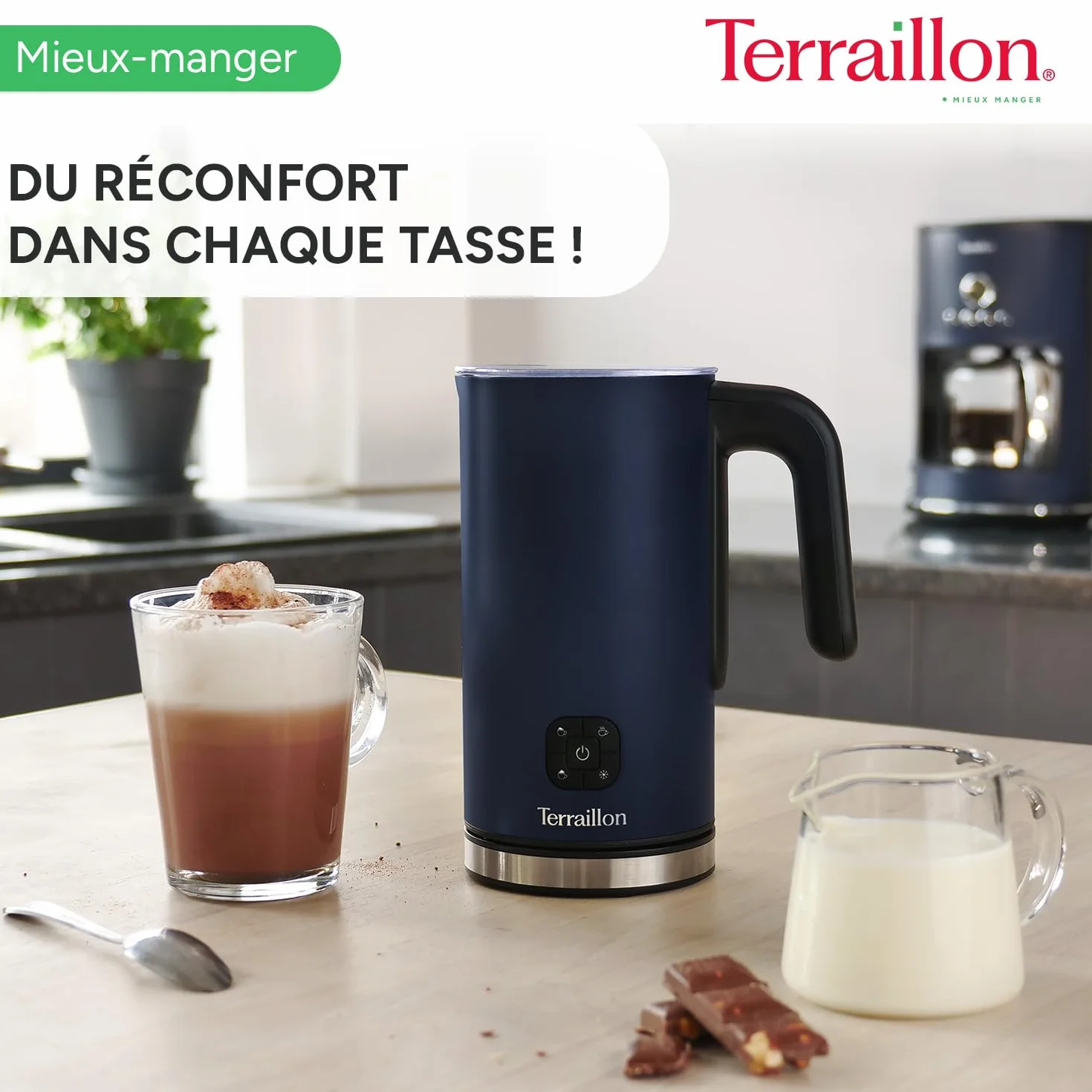 TERRAILLON - NEW MOON - Elektryczny spieniacz do mleka, pojemność 300 ml, 4 funkcje, podstawa obrotowa 360°, wskaźnik świetlny, automatyczne wyłączanie, malowany korpus ze stali nierdzewnej, niebieski