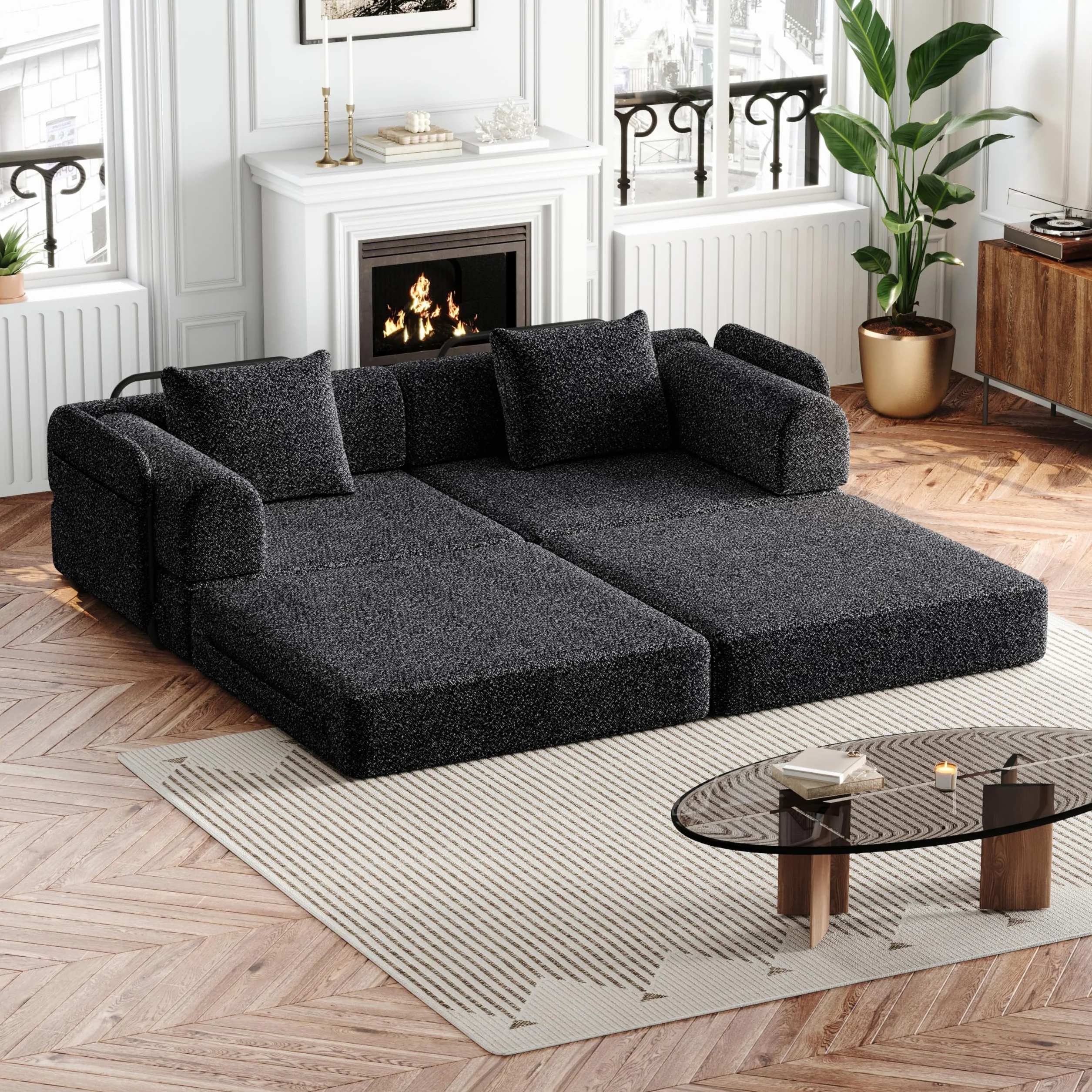 Sofa do spania 2 w 1 ze schowkiem w podłokietniku, sofa podłogowa z poduszką na plecach, metalowa rama, szenilowa, do salonu, sypialni, 183,8 x 91,4 cm, czarna