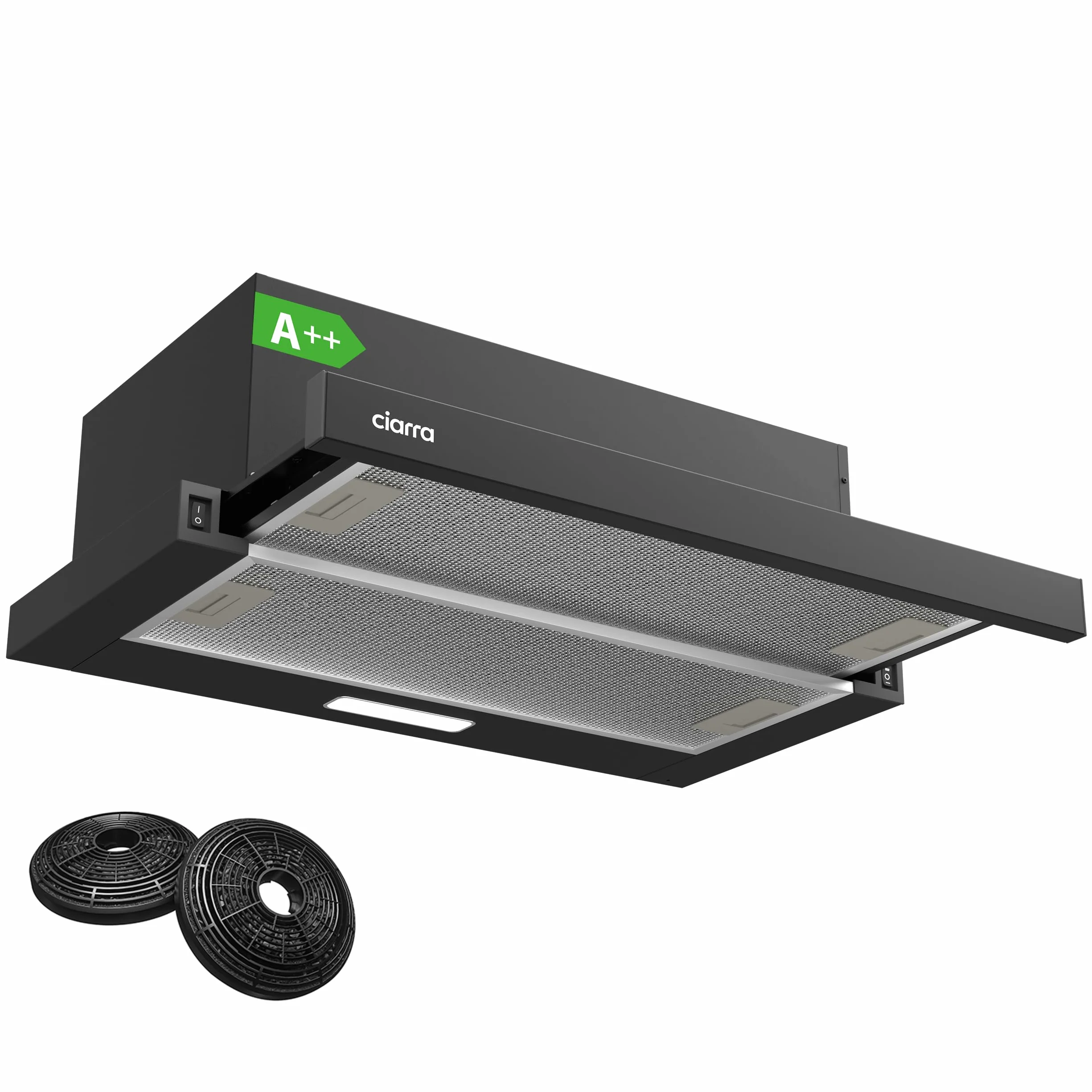 CIARRA CBCB6906D Okap kuchenny teleskopowy 60 cm 370 m³ / h 2 poziomy oświetlenia LED Filtry Carbon Black