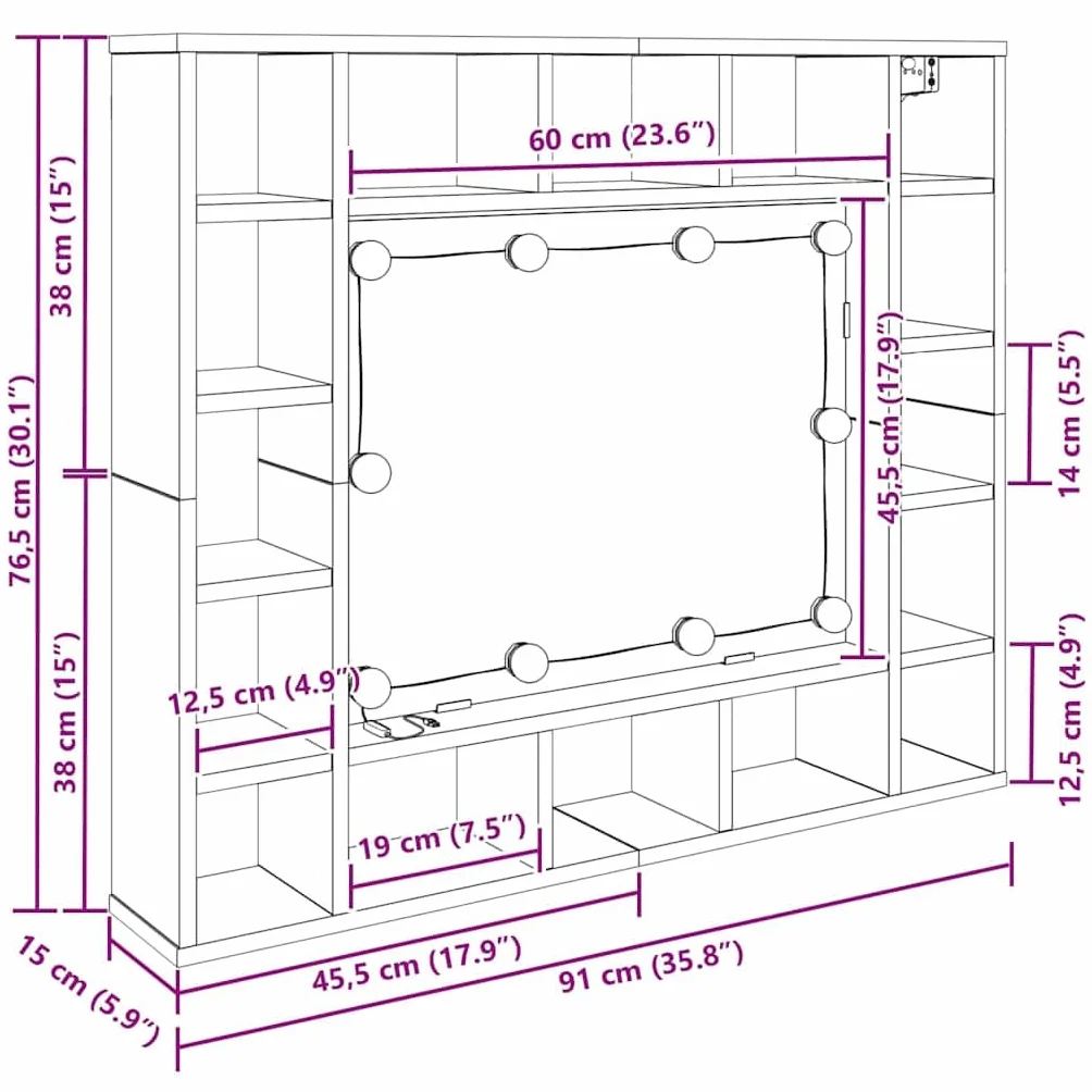 Szafka z lustrem stare drewno, 91 x 15 x 76,5 cm, materiał drewnopochodny ze zintegrowanym oświetleniem LED, miejsce do przechowywania, montowana na ścianie, do łazienki, korytarza, nowoczesne