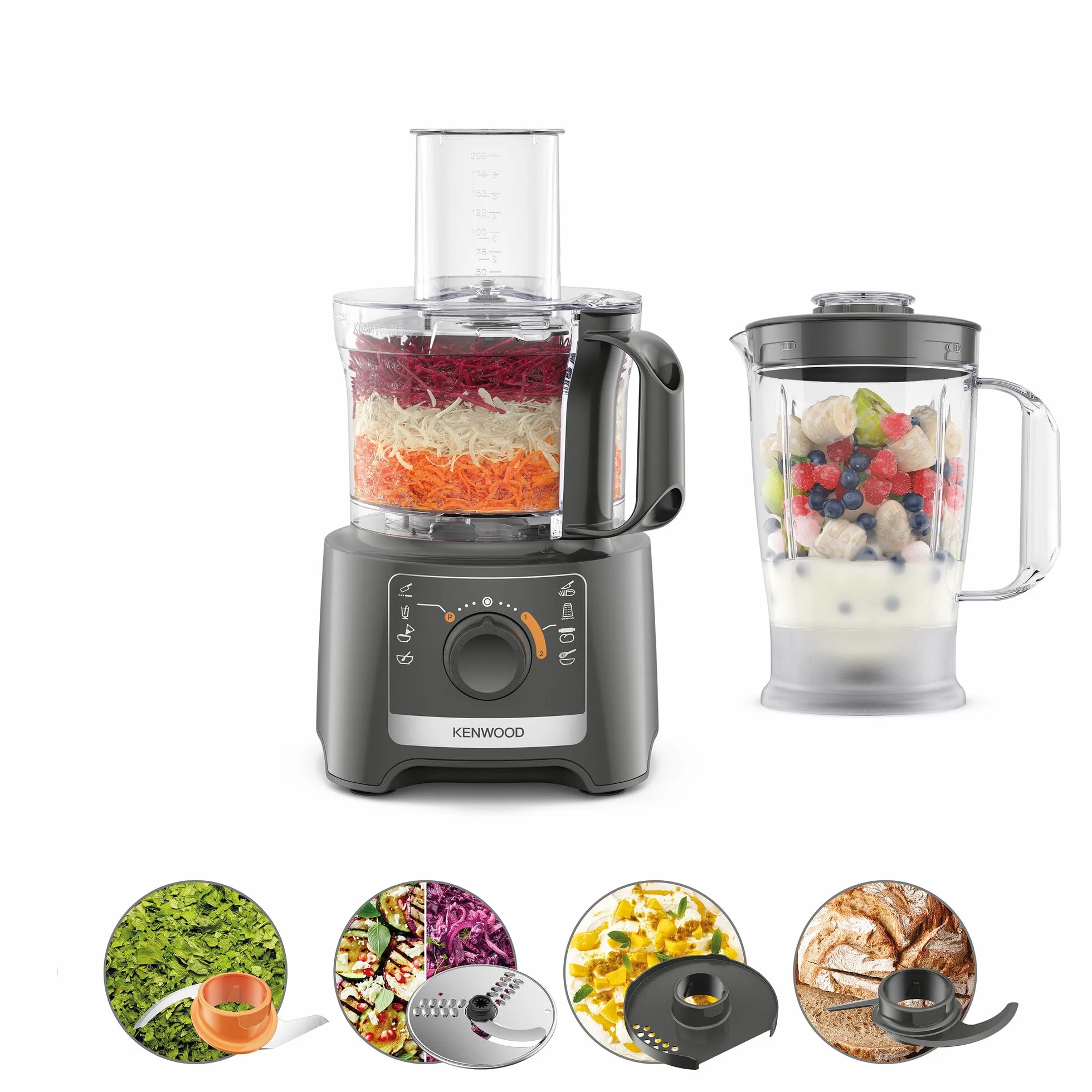 Kenwood Multipro Compact FDP31.170GY Robot do rozdrabniania z 2 prędkościami + puls w zestawie 1,2 l, miska 2,1 l, do siekania, tarcia i ugniatania, 800 W