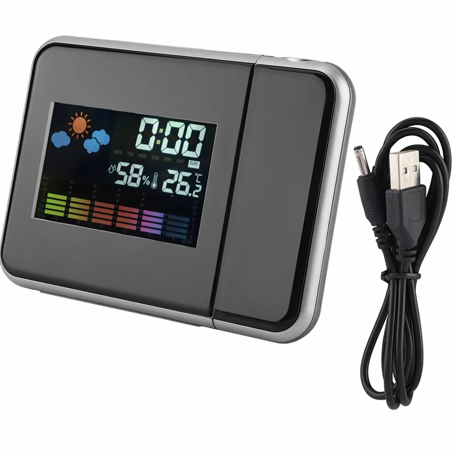 Projektor Pogody LED z Budzikiem Projekcja na Budziku Sufitowym Ładowarka USB Cyfrowy Budzik z projekcją Praktyczny Wewnątrz na Zewnątrz do Domu do Sypialni (czarny) (BLACK)
