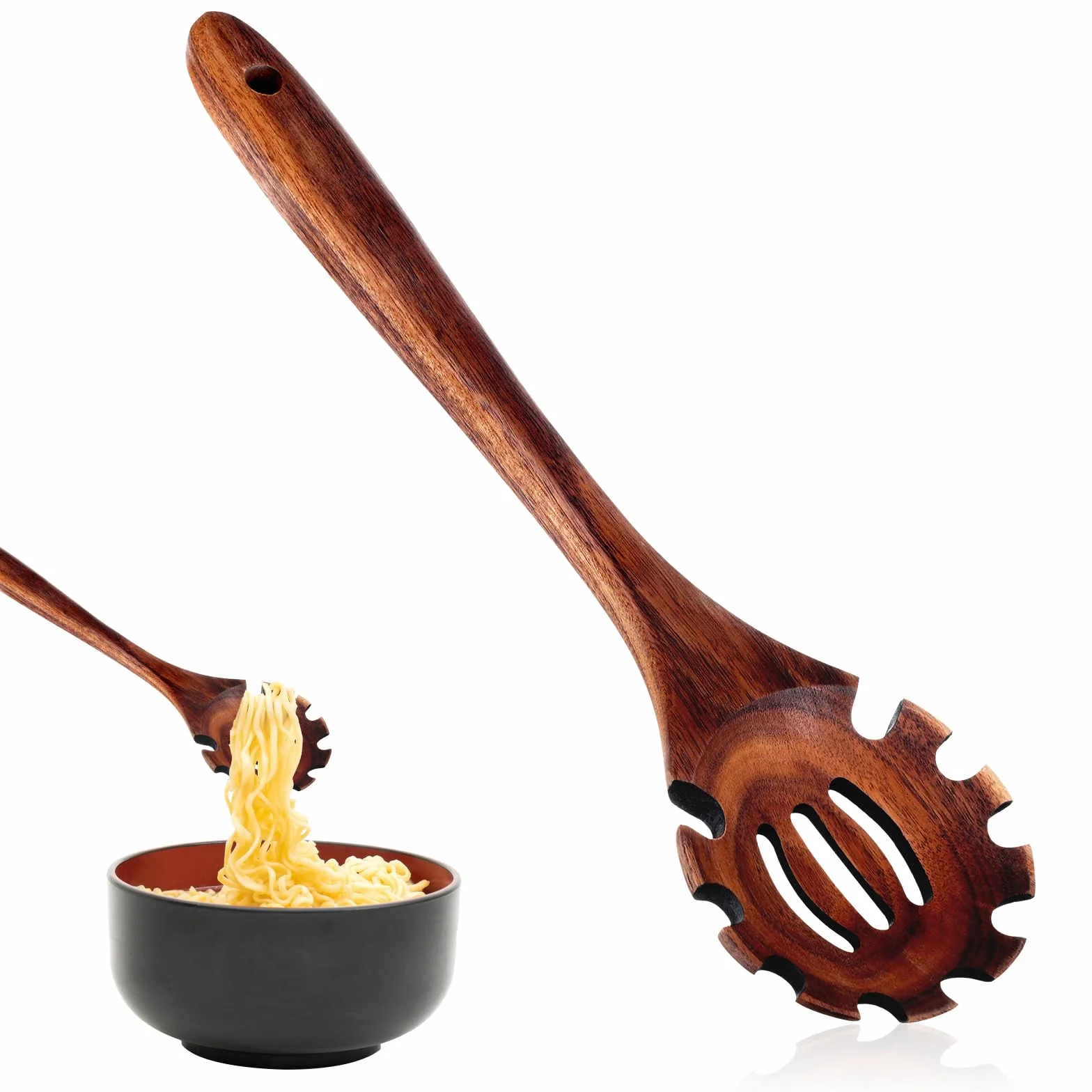 Nogeqi Drewniana łyżka do spaghetti, 30 cm, wysokiej jakości szczypce do spaghetti, szpatułka do makaronu z zębami, drewniany przyrząd do makaronu z otworem do zawieszania, możliwość zawieszenia