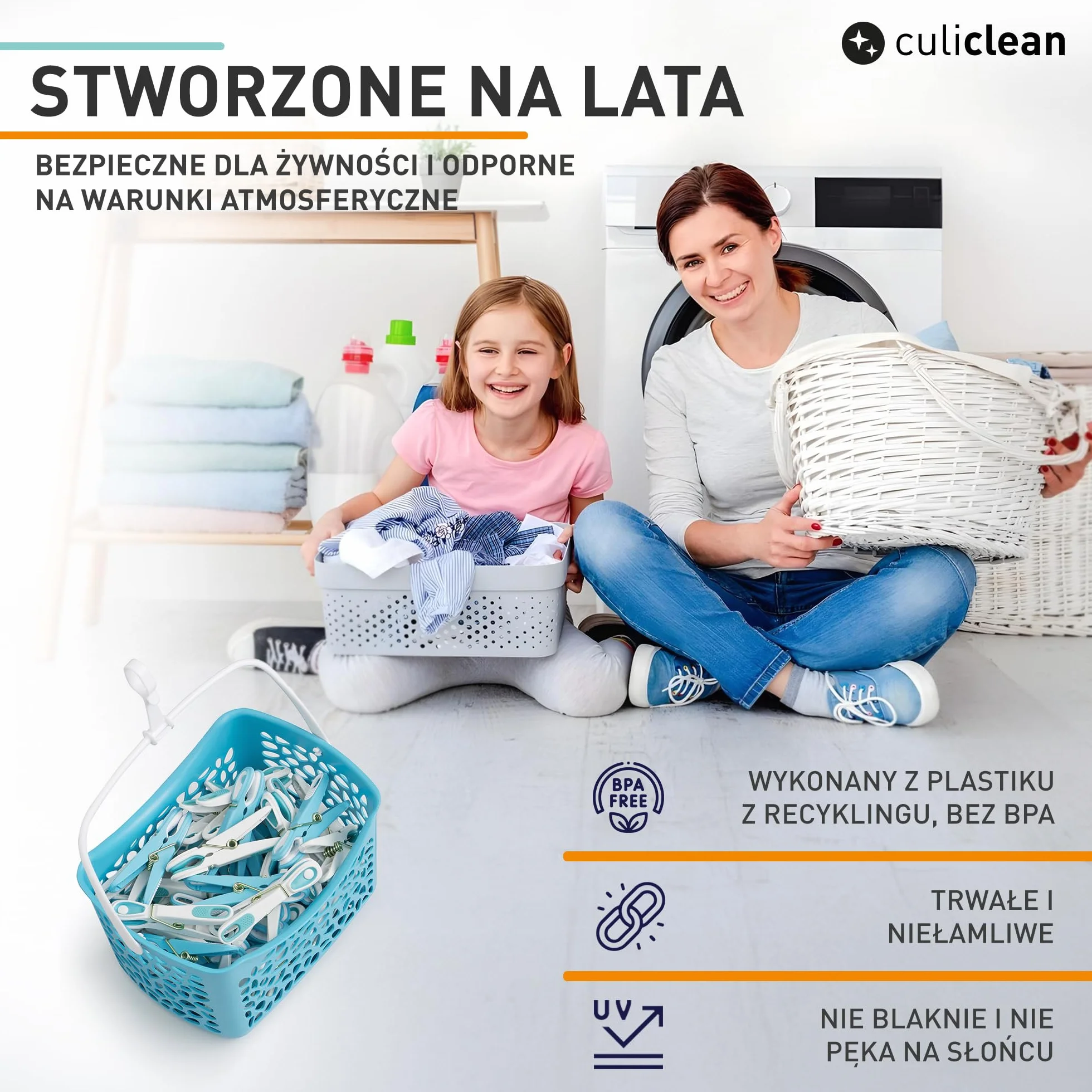 culiclean Klipsy do ubrań Ecoline z koszykiem (48 sztuk z koszykiem zielono-biały/biało-zielony koszyk zielony uchwyt biały) Klamerki