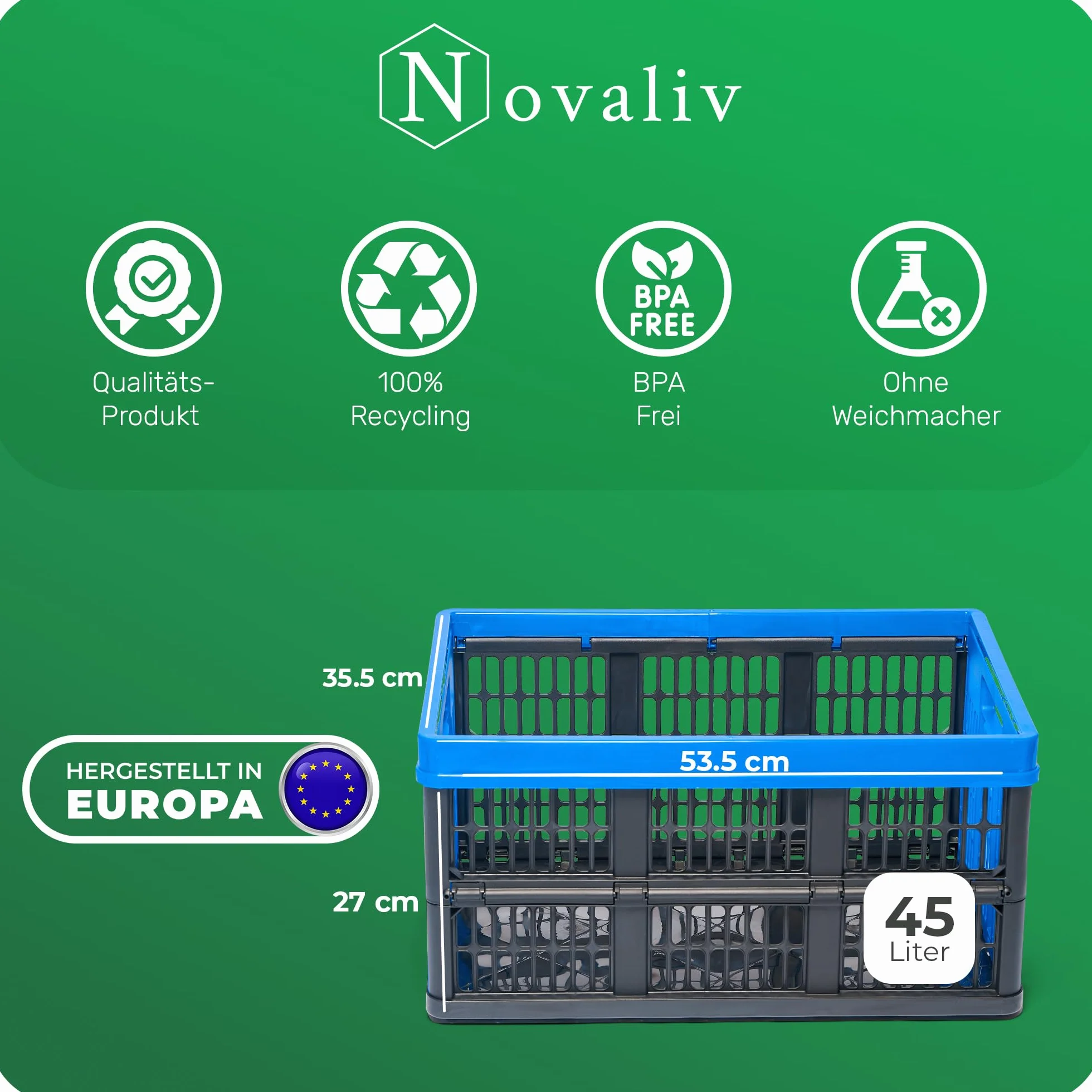 Novaliv Składane pudełko 45 l, niebieskie, zestaw 4 sztuk, składane pudełko z praktycznymi uchwytami do noszenia, wszechstronne pudełko do przechowywania